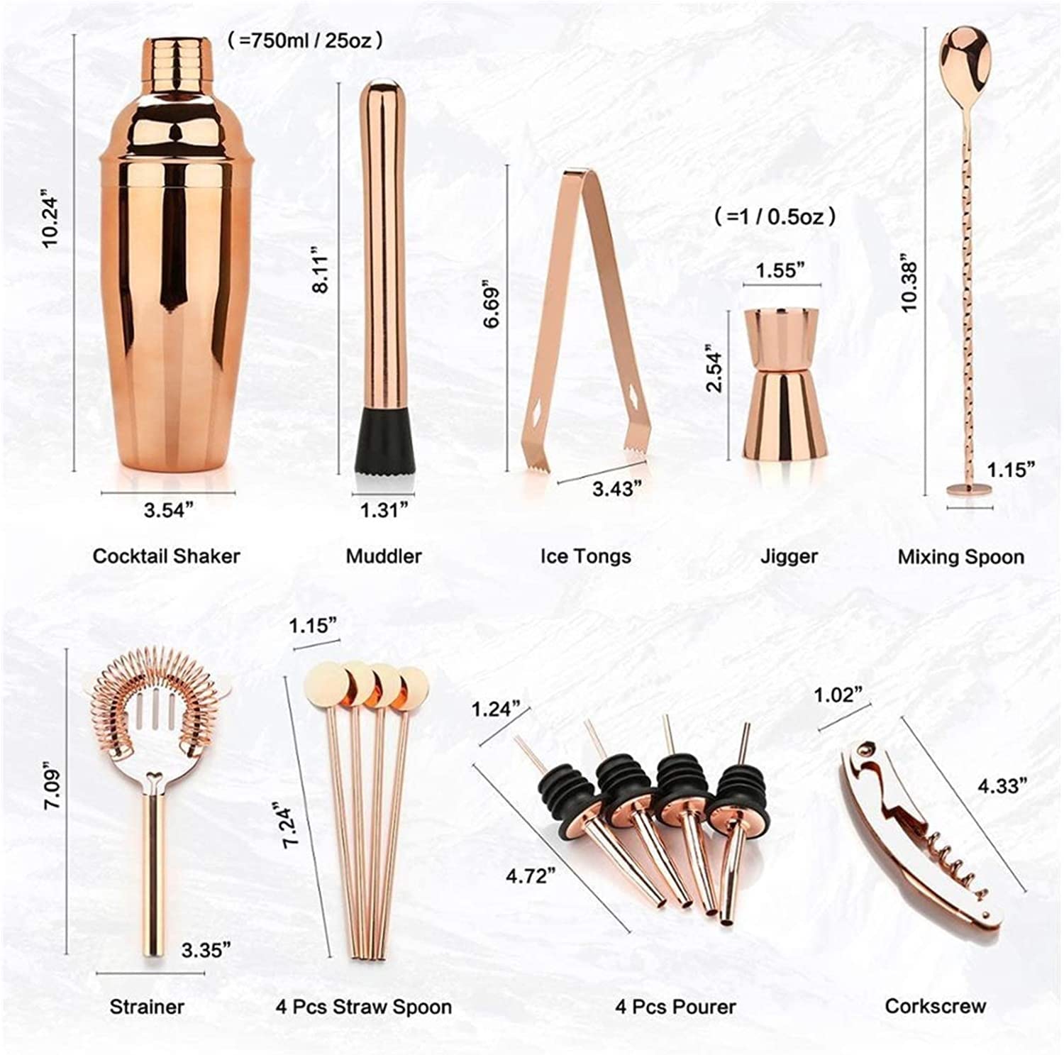 16 pièces de shake de cocktail en acier inoxydable avec des boîtes, des jiggres, des entra�ineuses, des cuillères à barres, des pintes de glace et du support.Kit De Barman Complet Pour Faire Du Martin
