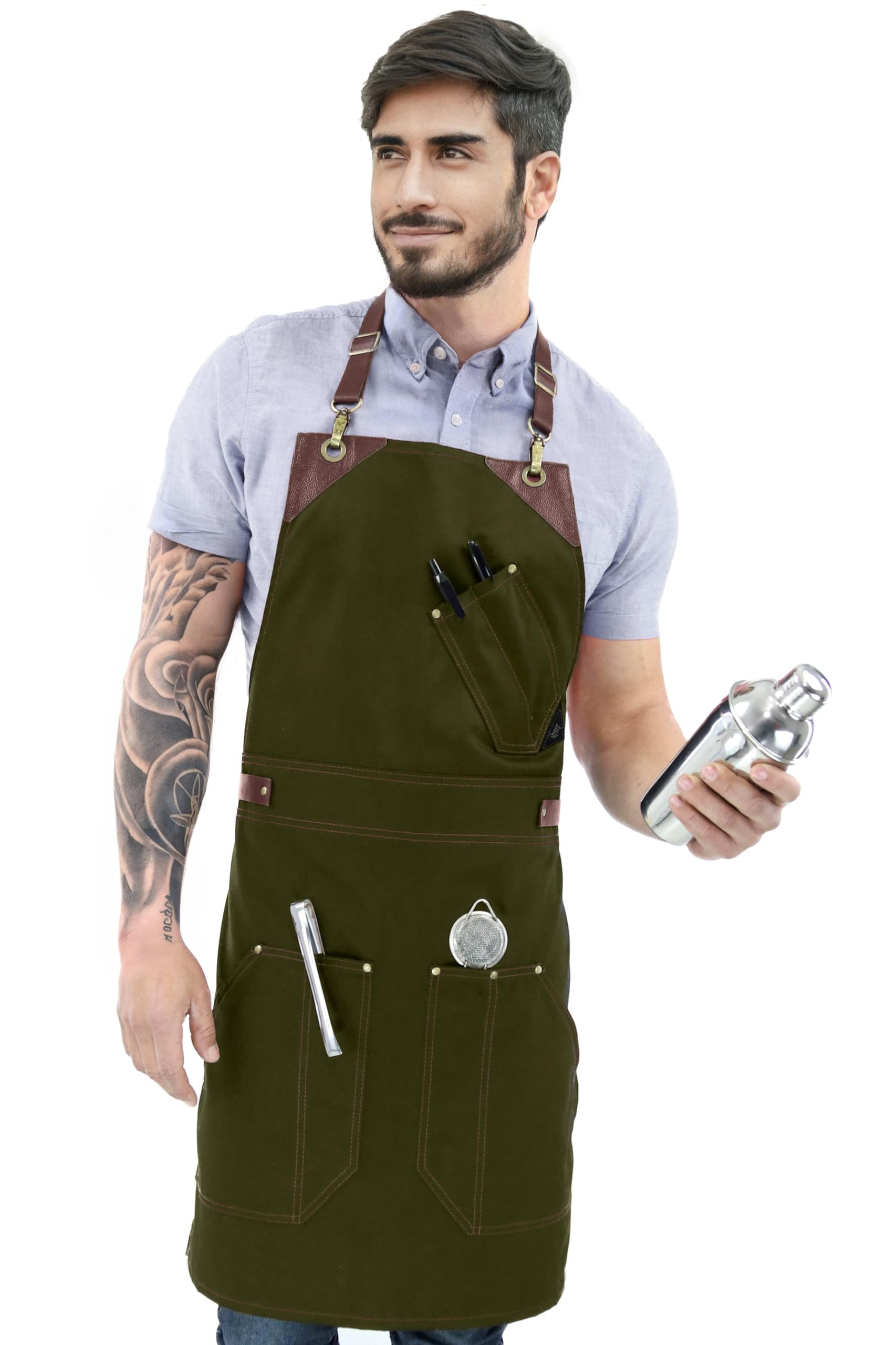 Under NY Sky Barista Apron – Professional Twill – Cinghie in pelle – Doubles as a Bistro Apron, Black and Black Leather