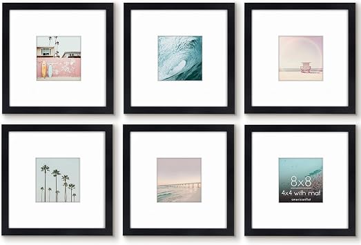 Americanflat 8x8 Picture Frame 6-Pack - Matted to 4x4 - Black