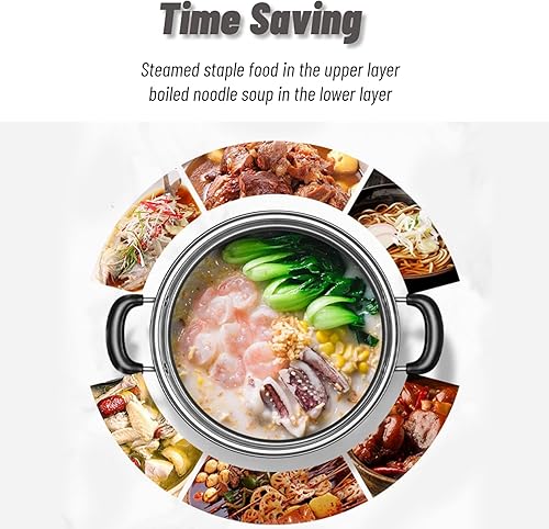 Miniatura 6 de Olla de vapor de 2 capas, olla doble caldera, olla de cocina de acero inoxidable con tapa de vidrio templado y asas dobles, funciona con horno de