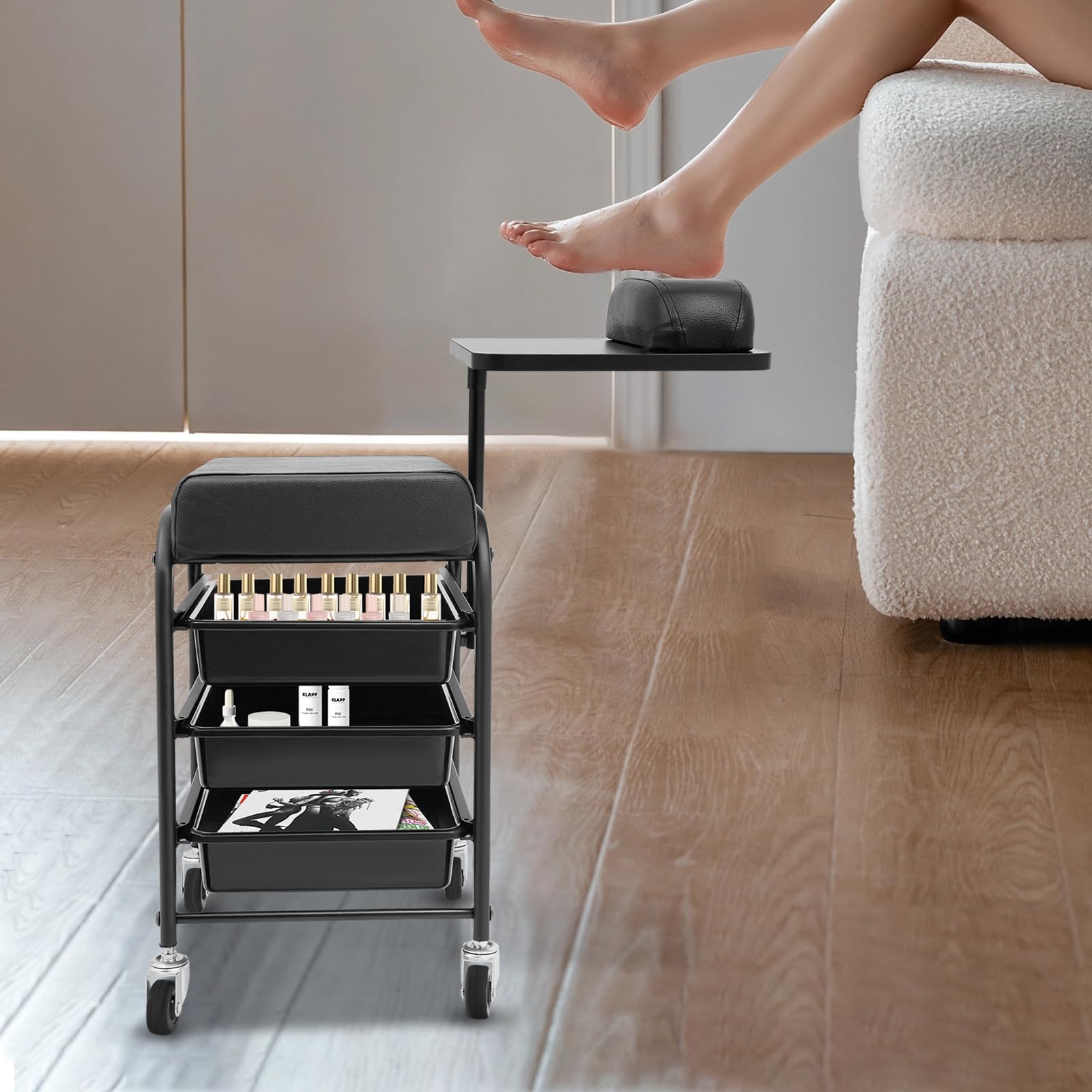 Chariot de spa portable pour bain de pieds avec 3 tiroirs, 4 roues universelles et plateau rotatif