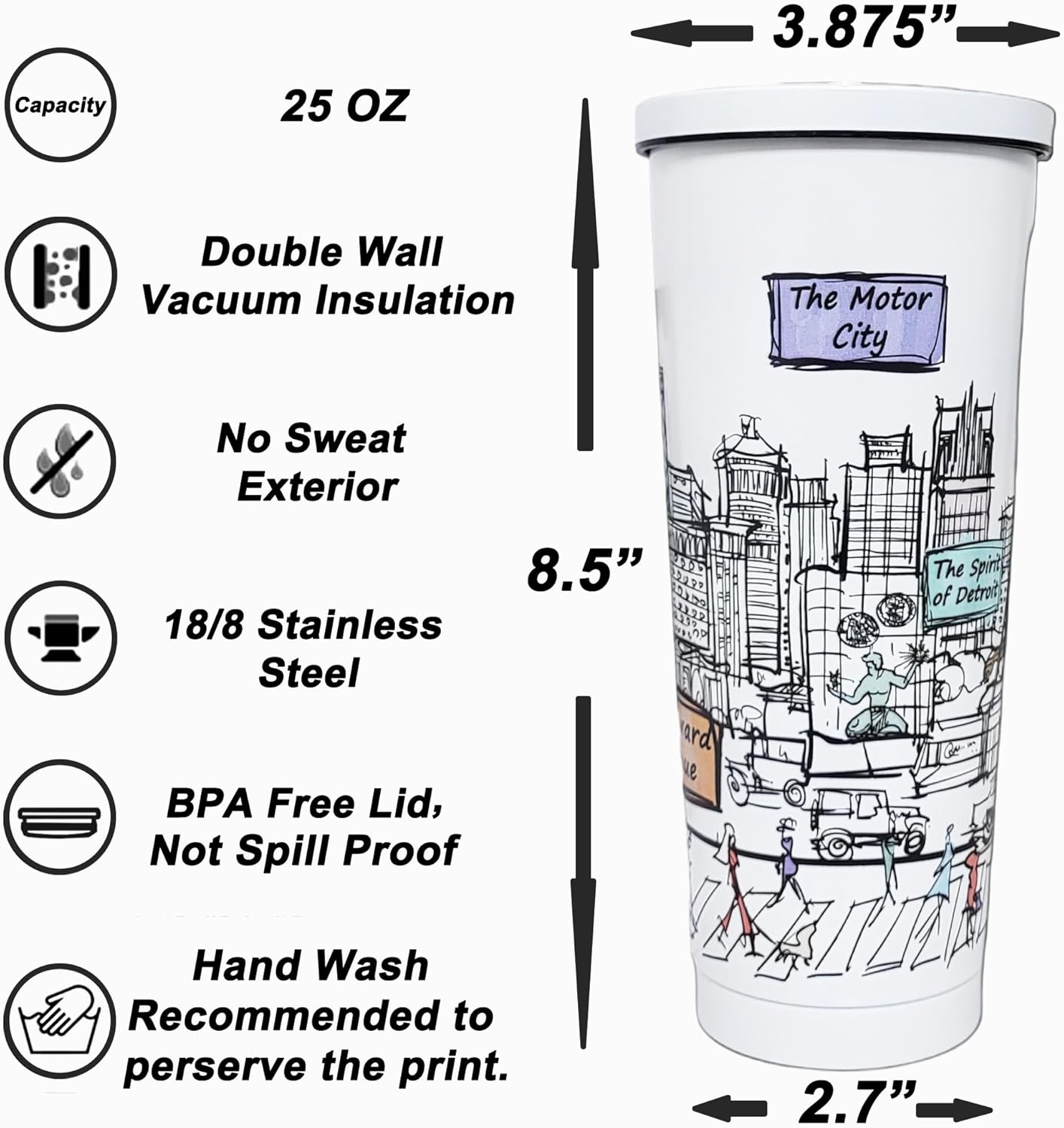 Cities Around the World 25 Oz Tumbler Series - Designed in the USA - Vacuum Insulated Tumbler with Lids & Straw - Stainless Steel Coffee Water Travel Mug, for Hot Cold Drink (Detroit) - Image 7
