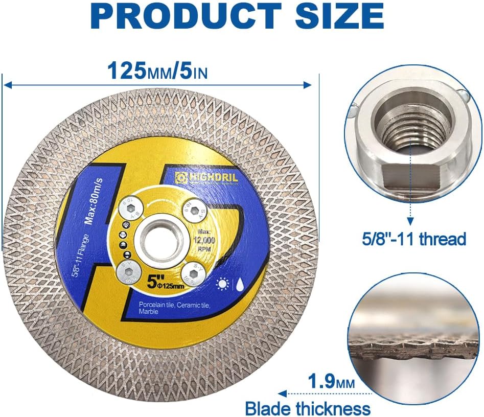 HIGHDRIL Diamond Tile Saw Blade - 5pcs 5 inch/125mm Diamond Cutting Disc for Cutting Grinding Ceramic Porcelain Tile Marble Granite Quartz Dekton Artificial Stone