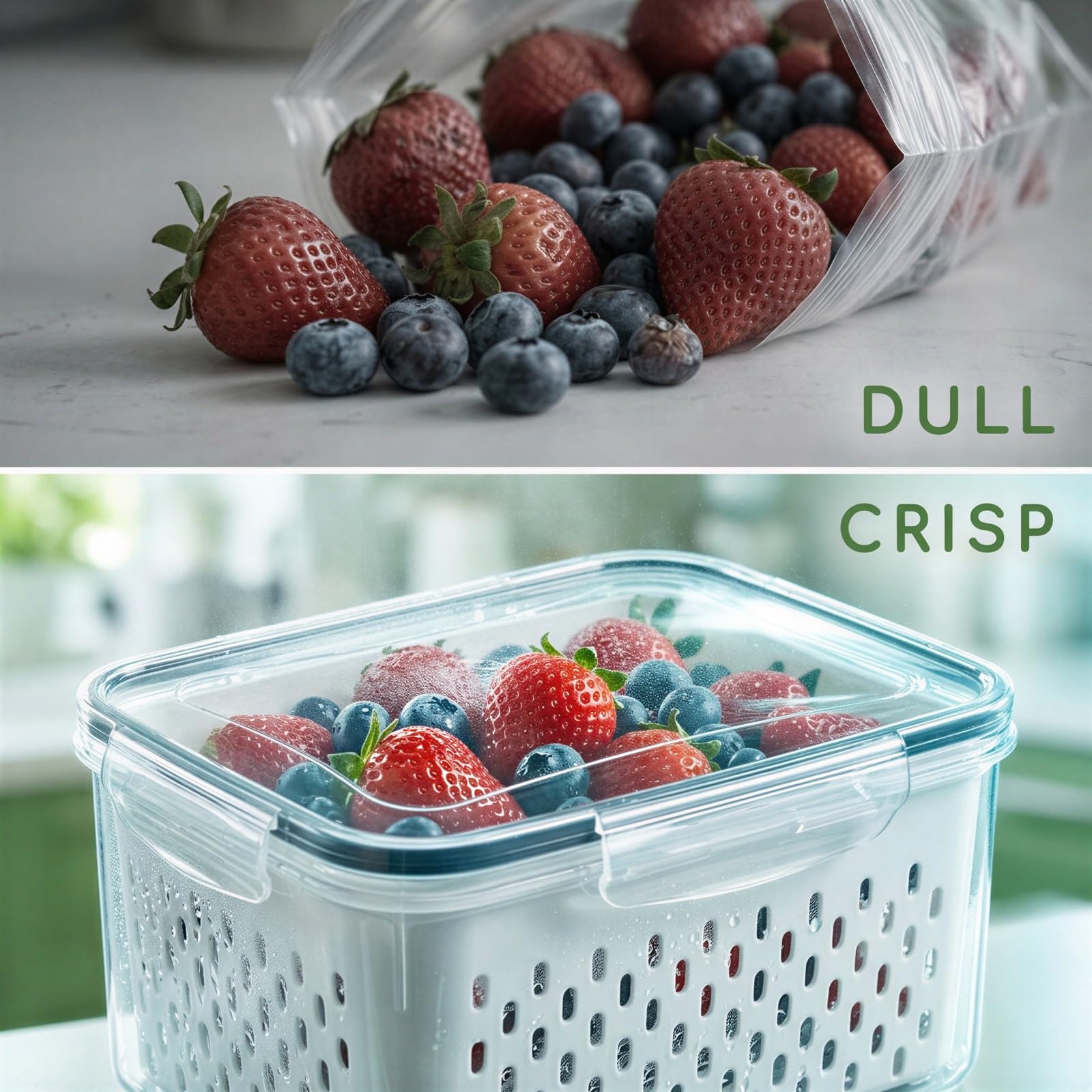 3 Stk. Obstdosen für den Kühlschrank, transparente Kunststoffboxen mit auslaufsicherem, herausnehmbarem Sieb, luftdichten Deckeln mit 4 Verschlüssen für Beeren und Gemüse, klein, mittel, groß