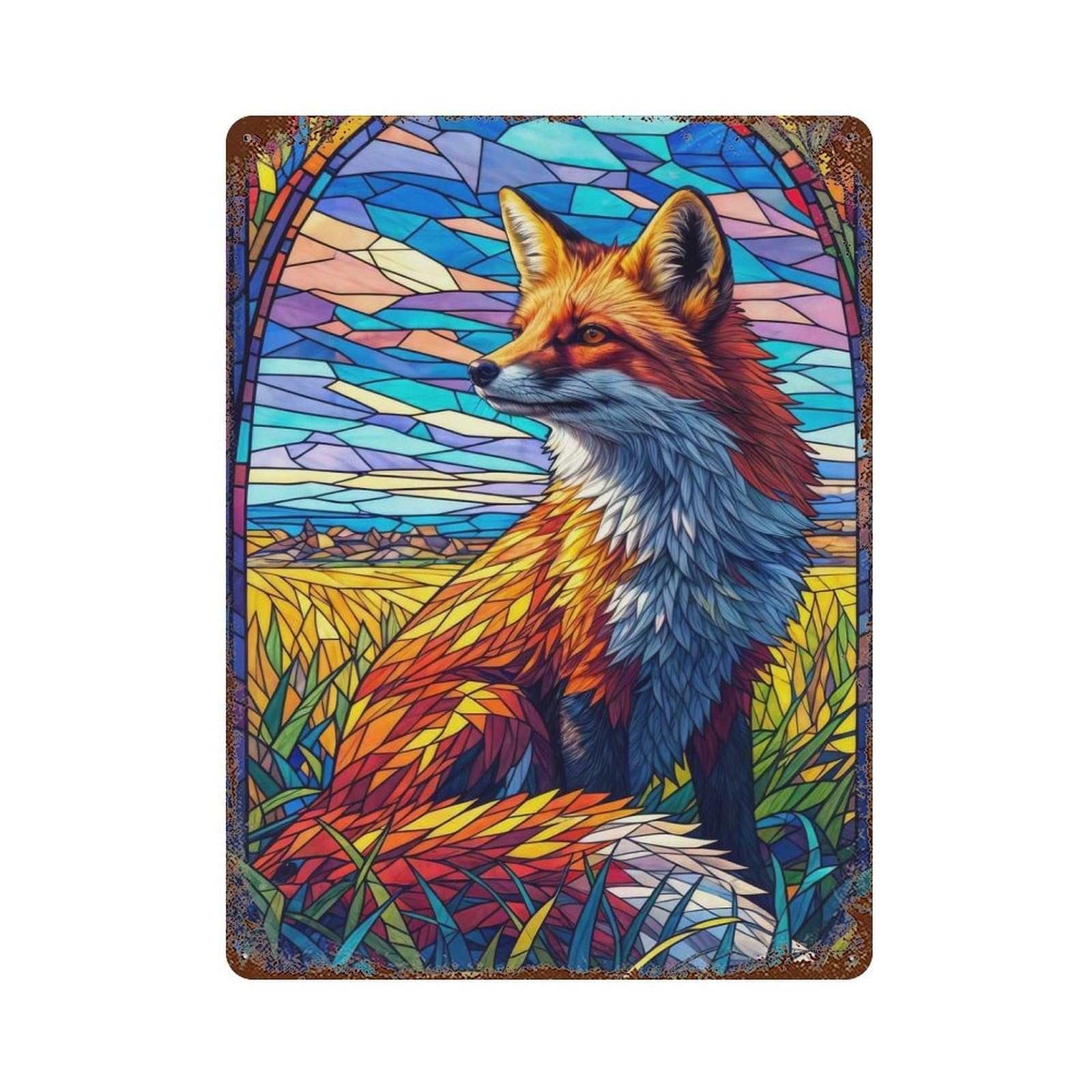 Vintage Rust Metal Sign Fox Stained Glass 15.7"x11.8", Shabby Chic Decor for Cafe, Home Bar And Lounge Decor