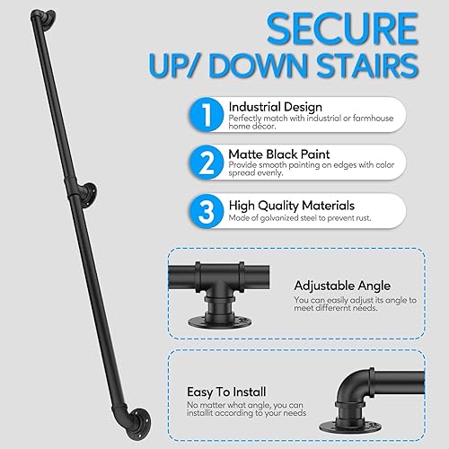 Miniatura 2 de Rectoo Pasamanos de escalera de tubo, barandilla de escalera de metal de 2 pies, barandilla de mano de hierro industrial galvanizado negro para