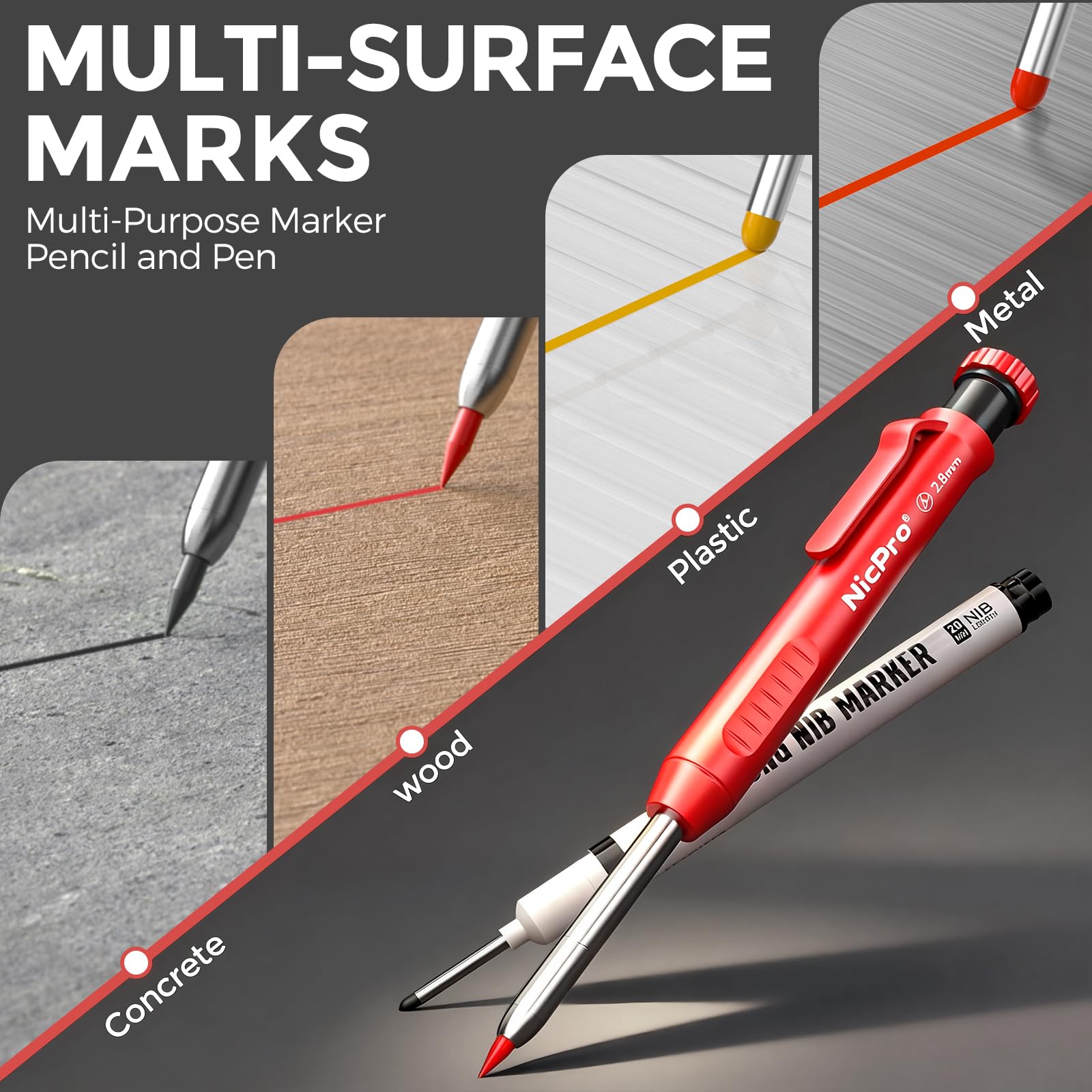 Nicpro 5 pièces crayons chantier avec taille-crayon, porte mines de construction avec 48 recharges, outil de marquage robuste, marqueurs pour trous profonds pour le marquage architectural