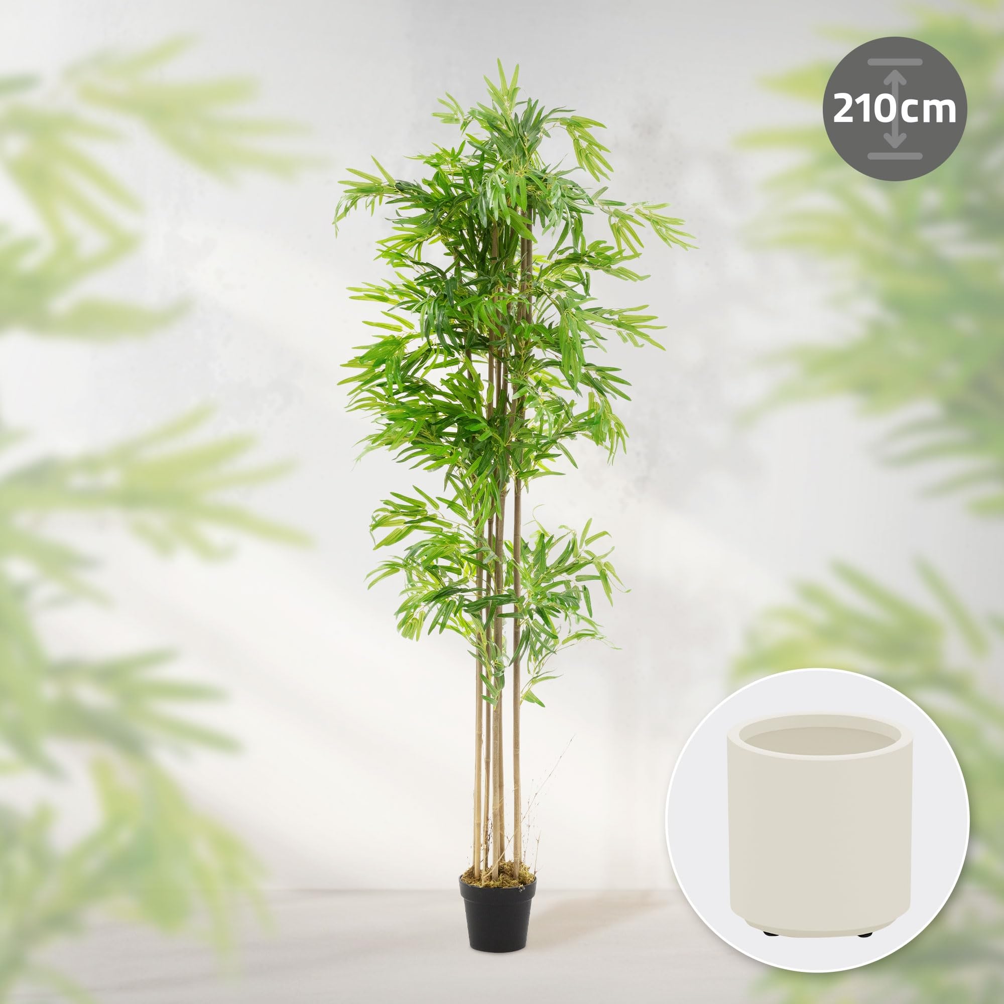 ML-Design Bambou Artificiel 210 cm Décoratif, Plante Verte Grande avec Tronc en Bois Véritable, Fausse Plante en Pot, Déco Aspect Naturel, Arbre pour Intérieur/Extérieur Chambre Balcon Salon Bureau