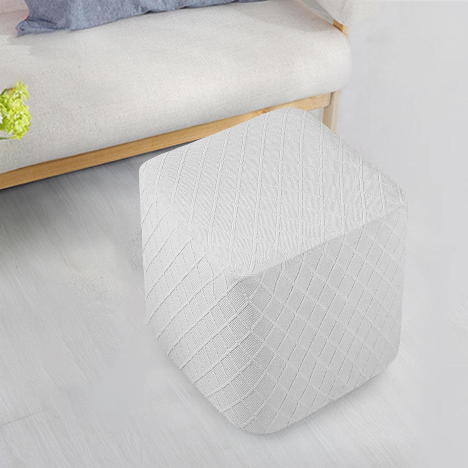 Housse De Pouf Extensible à Carreaux - Tissu Jacquard Brun | Pour Tabouret, Ottoman, Repose-Pieds