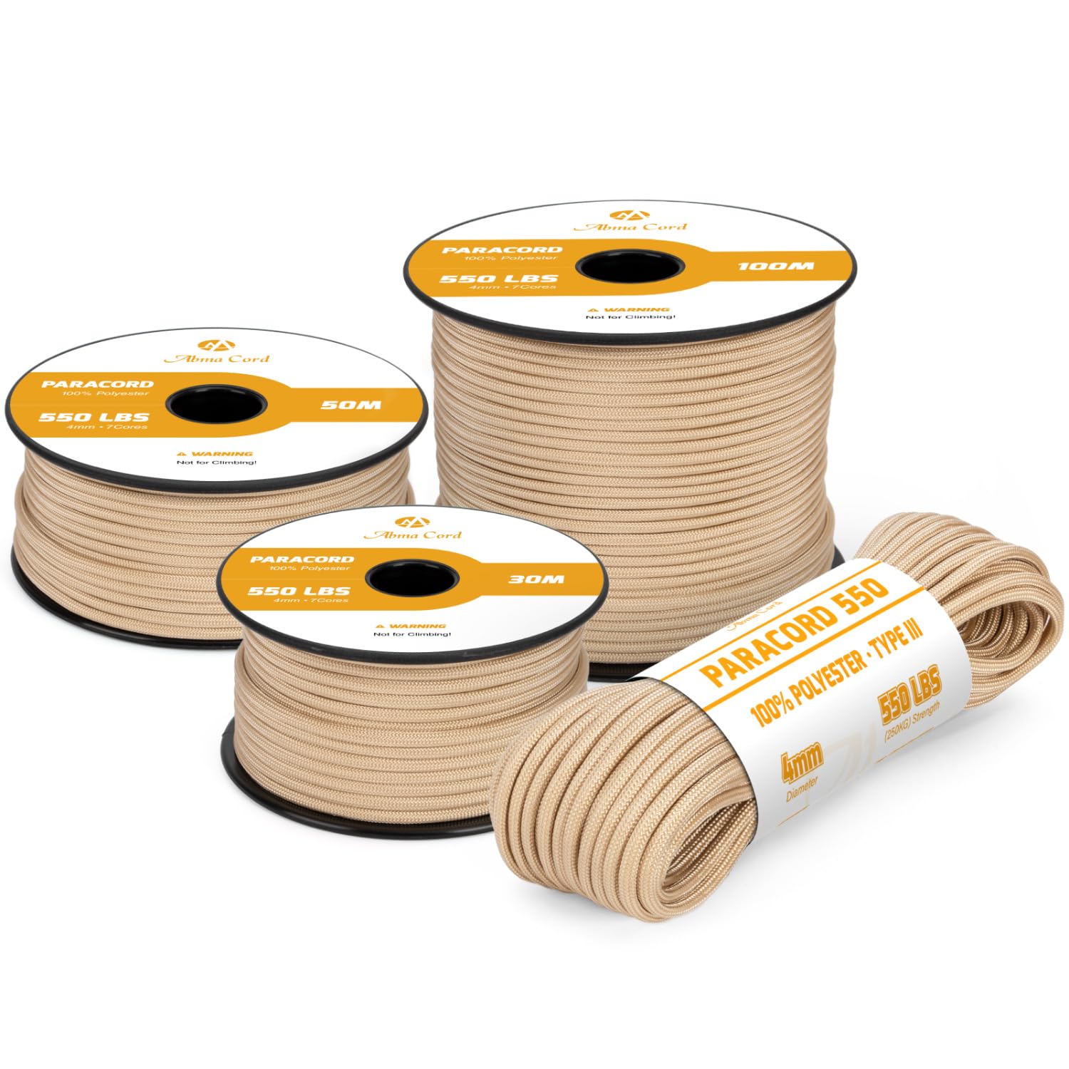 Abma Cord 550 Paracord 4mm 15m Rope 7 Strands Type III Parachute Cord for Crafting, Camping, Survival, Outdoor - Max. 250kg - Khaki