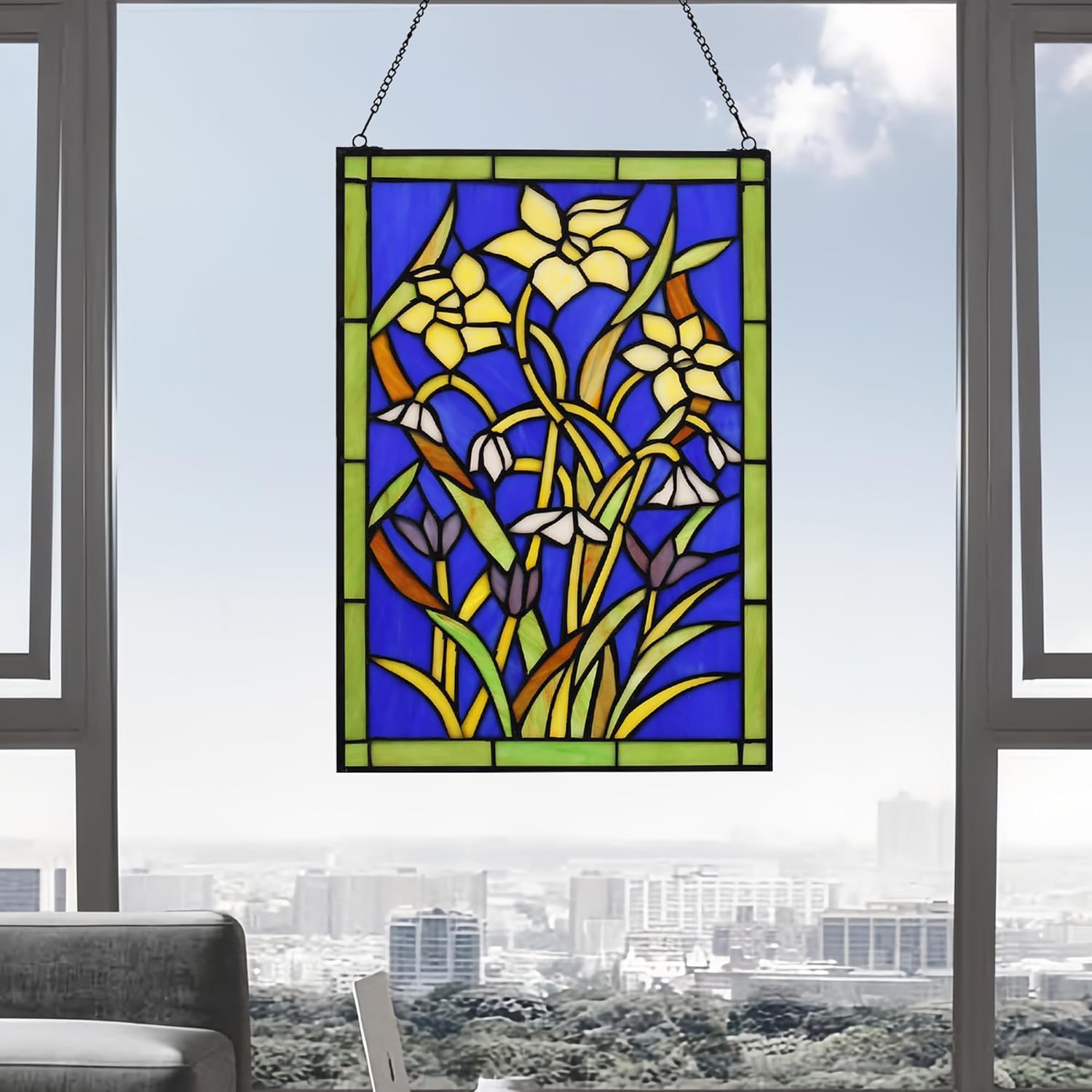 Tiffany Style Stained Glass Window Panel 16"X11" Window Suncatcher Perfect Window Hangings Housewarming Gift (With Chain Hook)