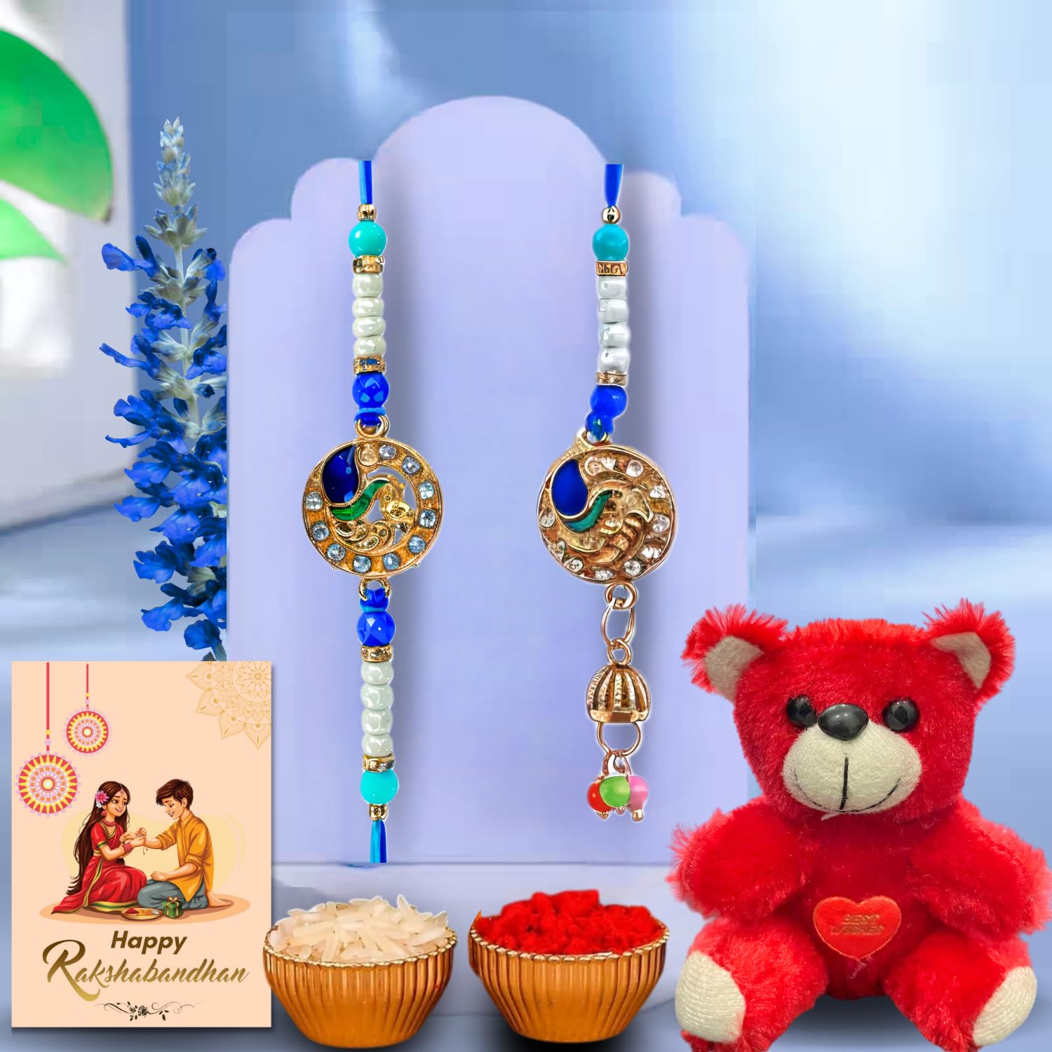 DIKANG Premium Rakhi Set for Brother and Bhabhi with Mini Teddy Bear Soft Toy | Matching Rakhi Set for Bhai with Roli Chawal Tilak Set - LUMBA-3-image-34