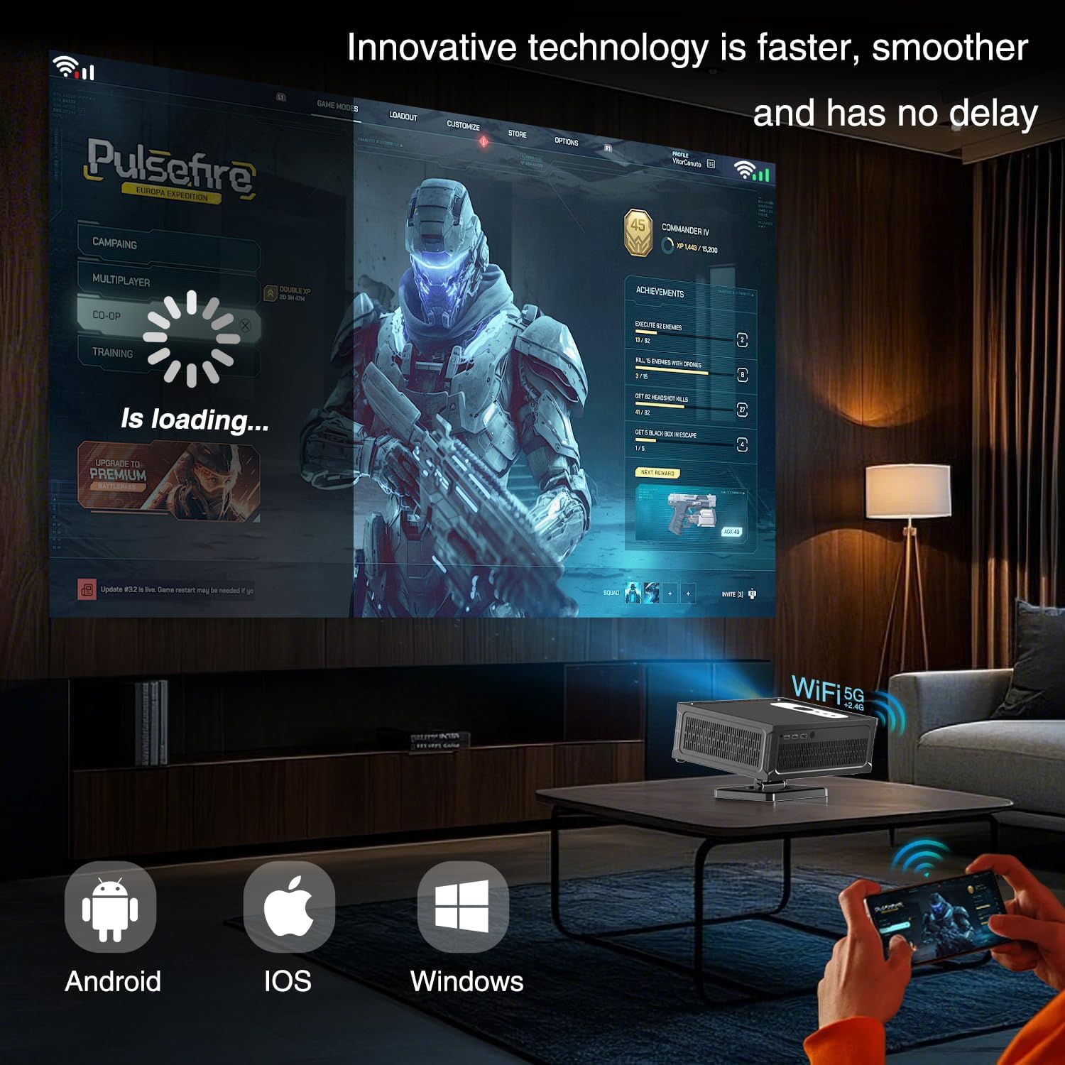 Videoprojecteur Intelligent Applications Intégrées Rétroprojecteur 1080P Natif Supporte 4K WiFi 6 Bluetooth 5.2 Trapézoïdale Automatique Focus Électronique pour Android iOS HDMI