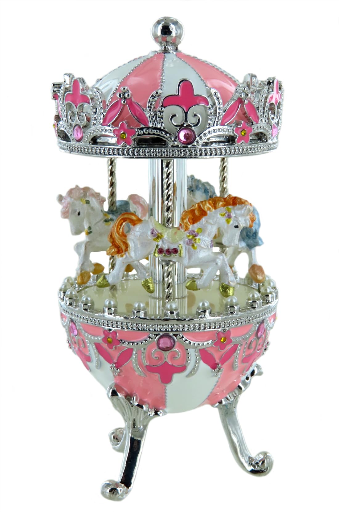 Carillon a forma di uovo/uovo Musicale di Metallo in Stile Fabergé per Pasqua con Cavalli di giostra, dorature, Strass e meccanismo musicale in miniatura - Il valzer di Brahms