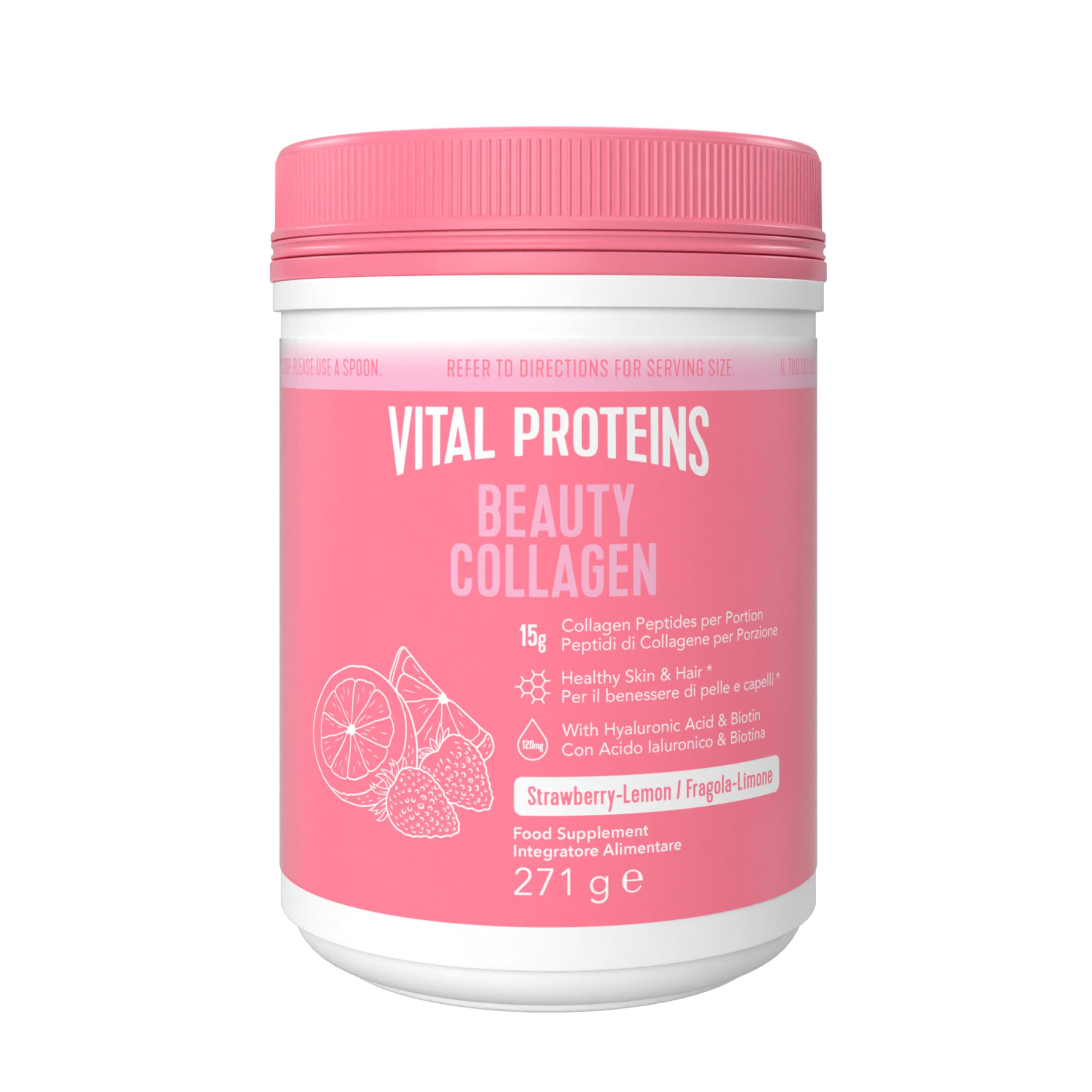 Vital Proteins Beauty Collagen con Acido Ialuronico e Biotina, integratore collagene idrolizzato in polvere, fragola limone,per pelle, capelli e unghie, 15g di peptidi di collagene per porzione, 271g