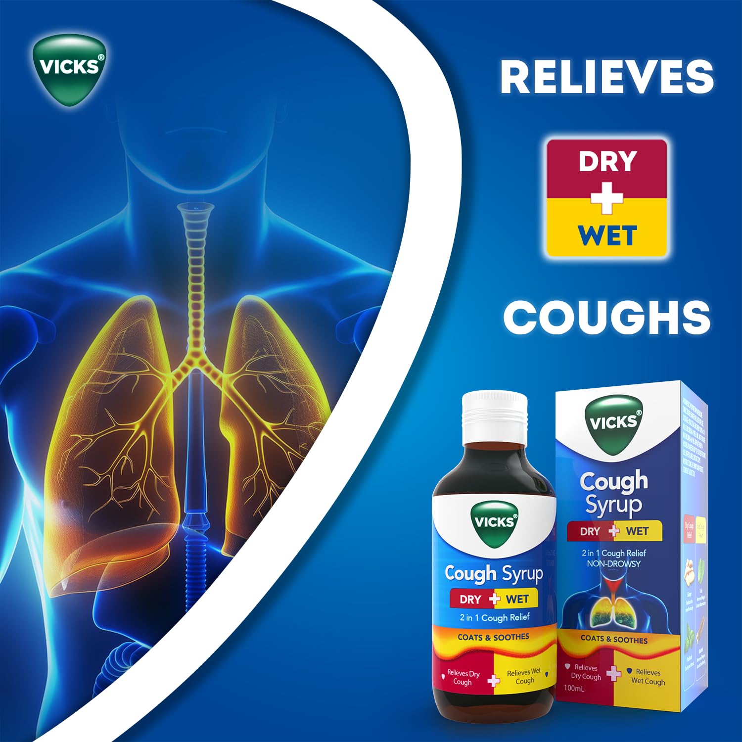 Buy Vicks Cough Syrup, 100ml Bottle - Fast Relief for Dry & Chesty Coughs  with Tulsi & Ginger, Ayurvedic Ingredients, Non-Drowsy Formula, Easy to  Carry, Over-the-Counter (OTC) Online at Low Prices in