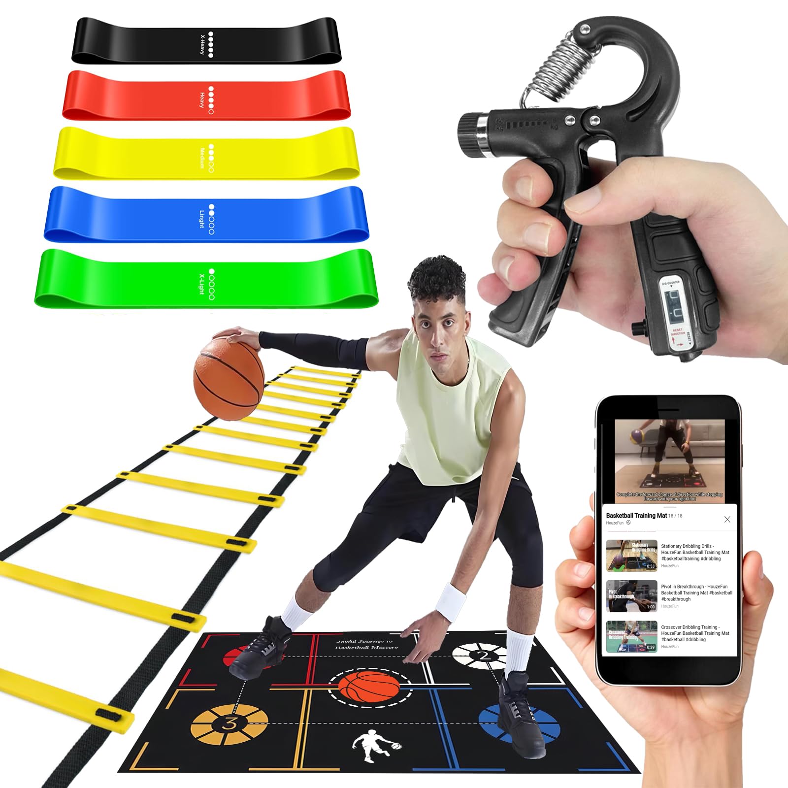 HouzeFun Basketball Training Equipment, Dribble Trainer, Footwork Training, Training Aids with Basketball Training Mat,Agility Ladder,Hand Grip Strengthener,Resistance Bands
