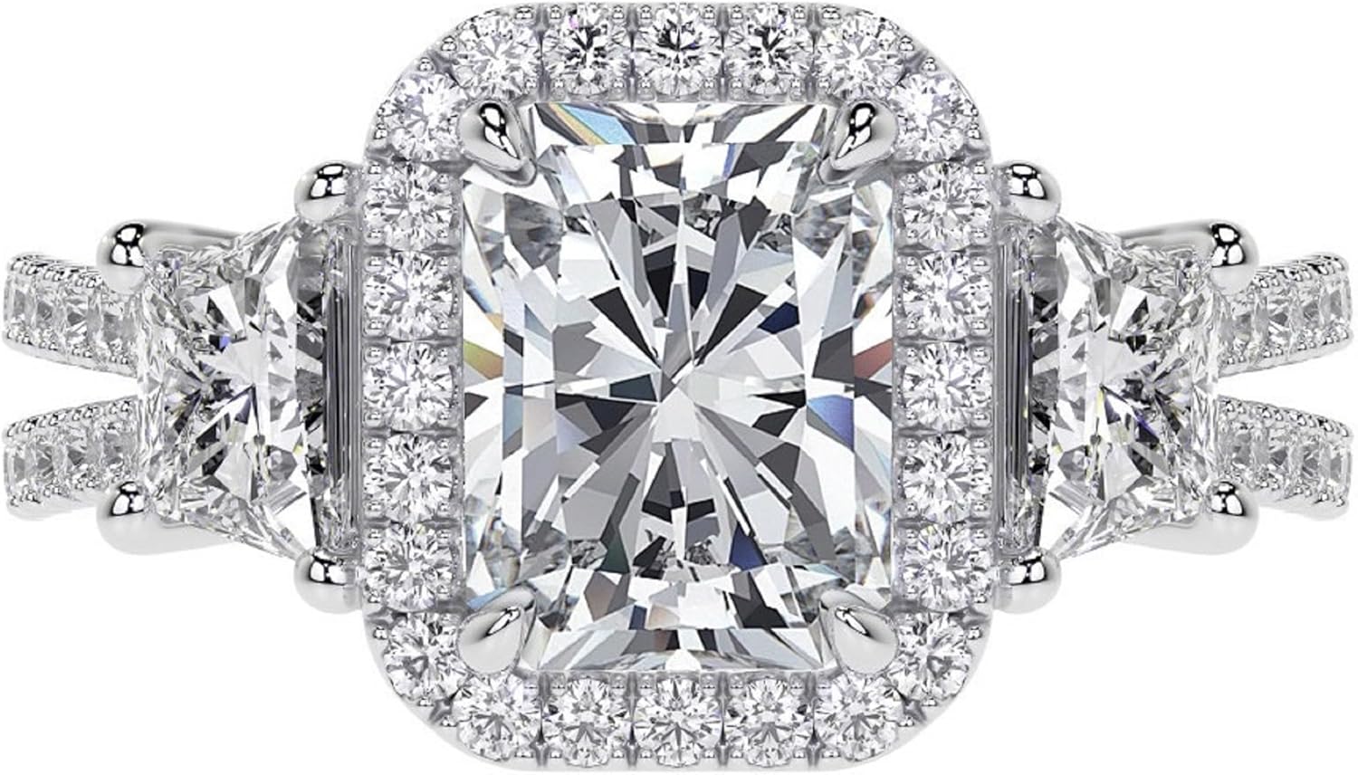 1.00 CT - 5.00 CT Radiant Cut Moissanite Engagement Trellis Ring Halo Style Three Stone Wedding Ring For Women Unique Four Prong Setting 925 Sterling Silver,Solid 10K/14K/18K Gold Ring