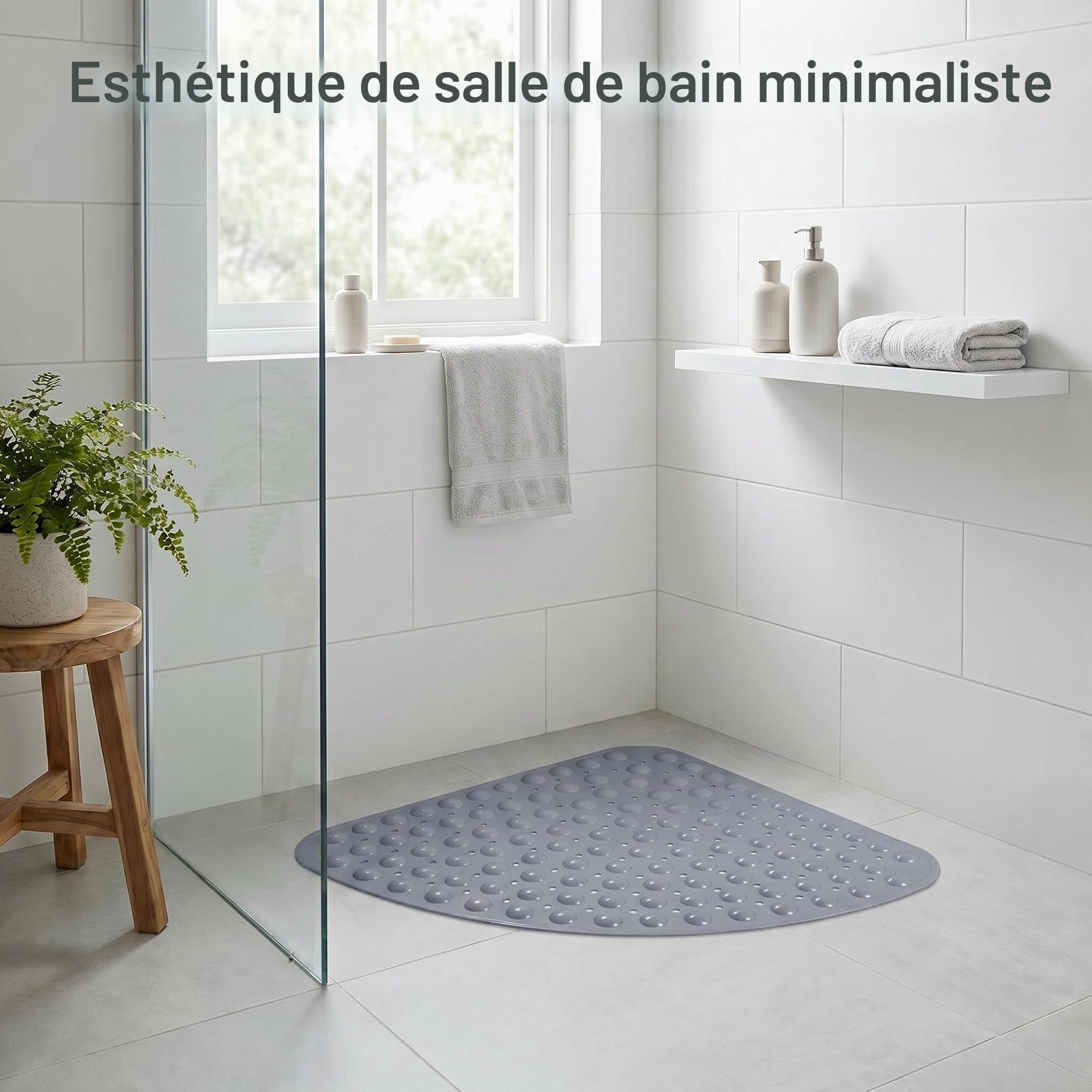 Tapis de Douche Antidérapant d'angle 70x70 cm Gris – Tapis de Bain en PVC avec Ventouses Puissantes et Trous de Drainage, Séchage Rapide, Anti-moisissure, Design Moderne, Lavable en Machine