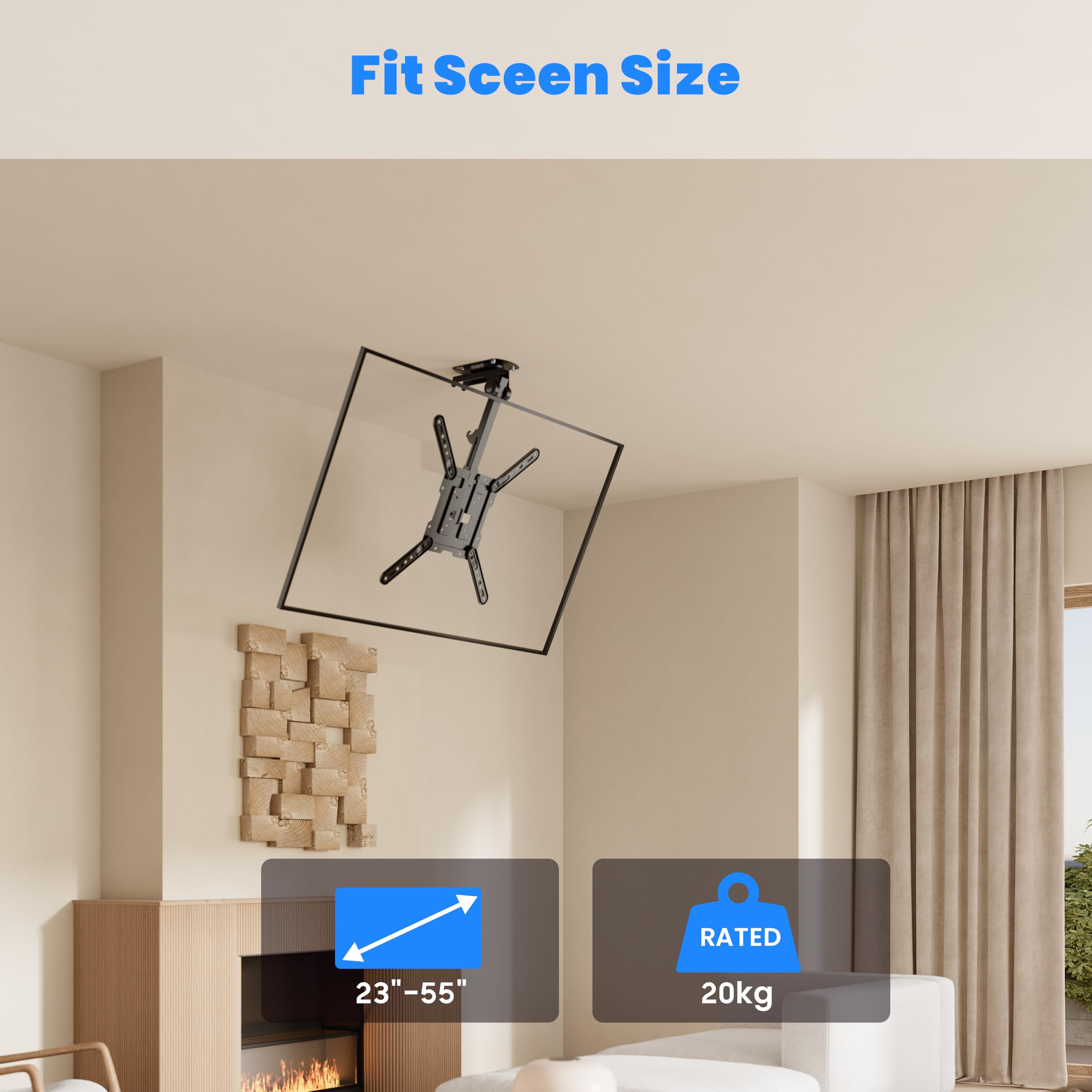 PureMounts TV Deckenhalterung für Fernseher, geeignet für 23-55 Zoll, klappbar, höhenverstellbar, schwenkbar, neigbar, bis VESA 400x400, schwarz