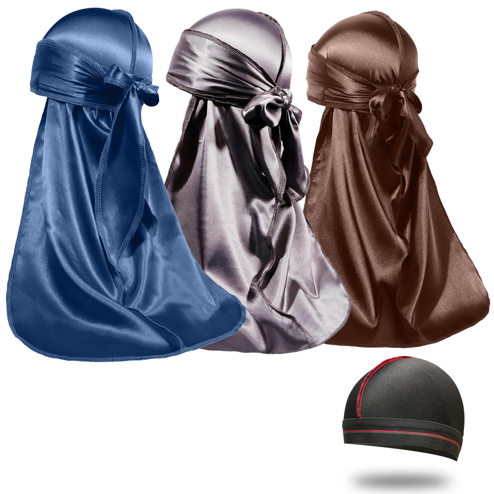 ForceWave Silky Satin Durags 3 Pieces and 1 Wave Cap Pack for Men Waves
