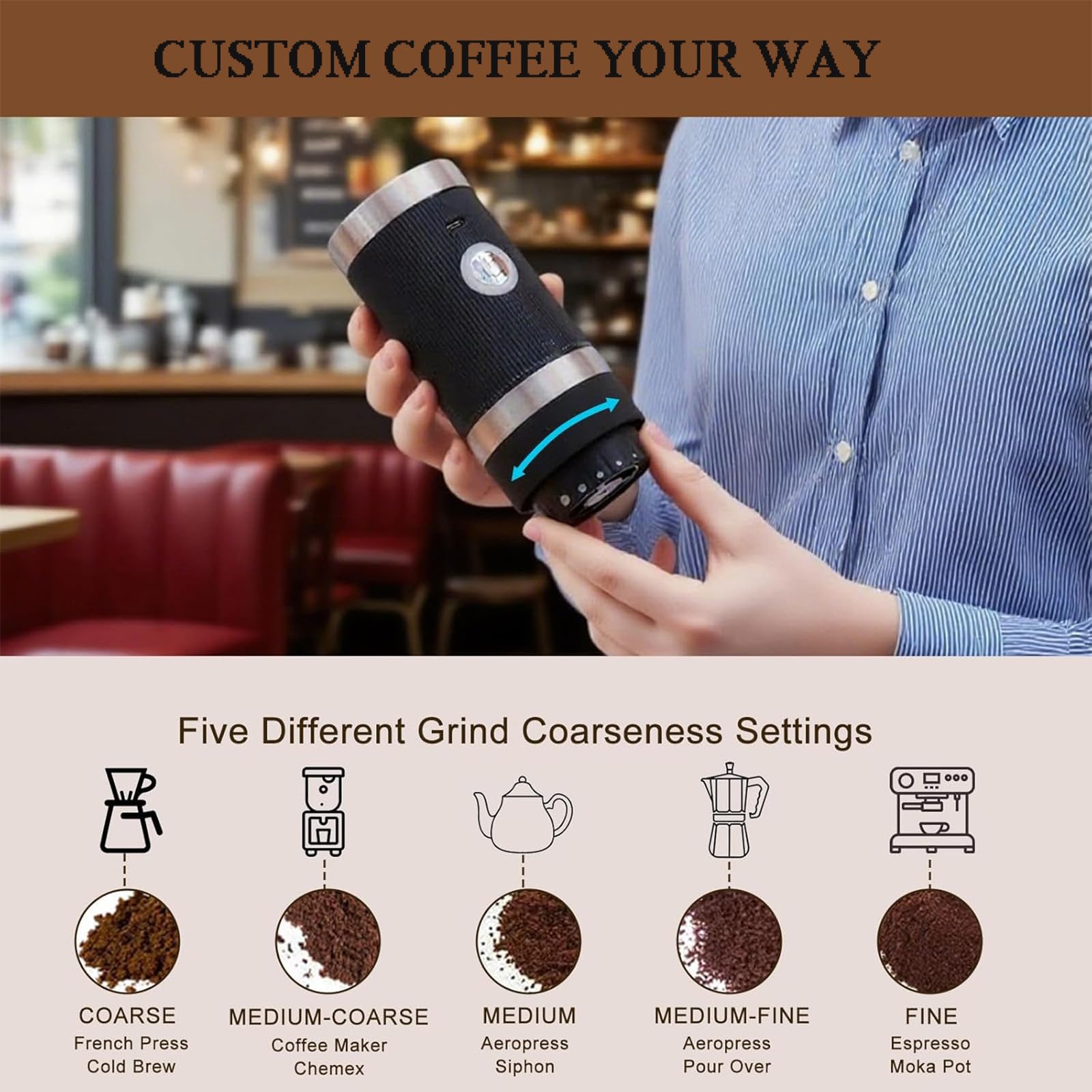 Rechargeable Coffee Bean Grinder, Cordless Portable Burr Coffee Grinder, with 5 Gears Adjustable Settings & 1200mah Battery Capacity, Easy To Clean & Portable for Home, In The Office, Hiking