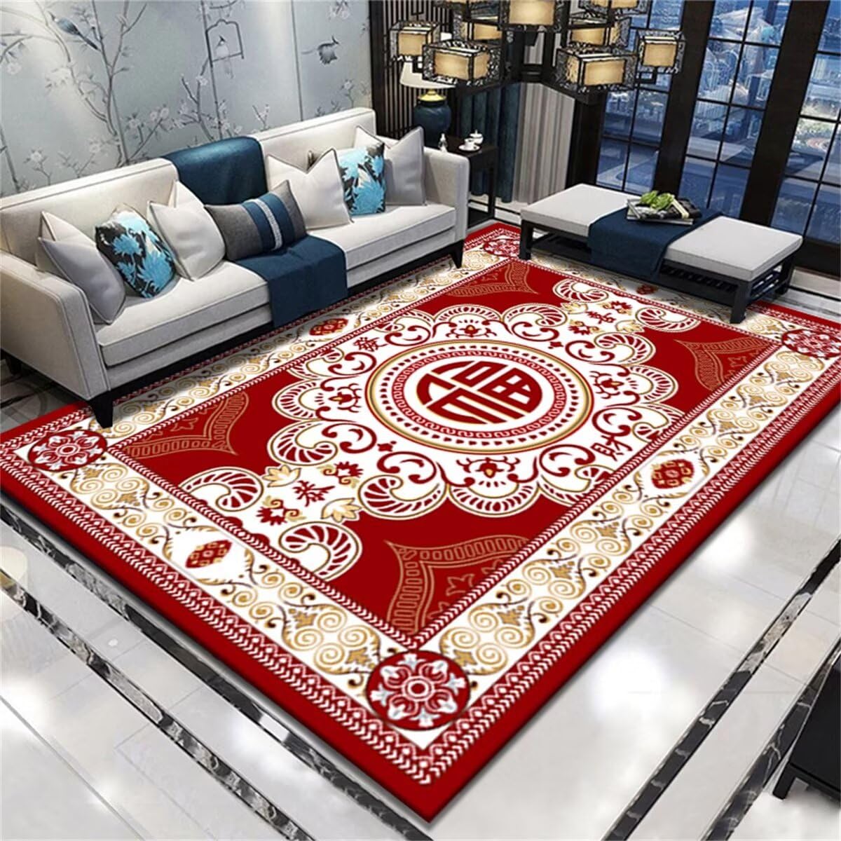 Tapis garçon chambre rouge rétro style chinois 40x60cm pour entrée