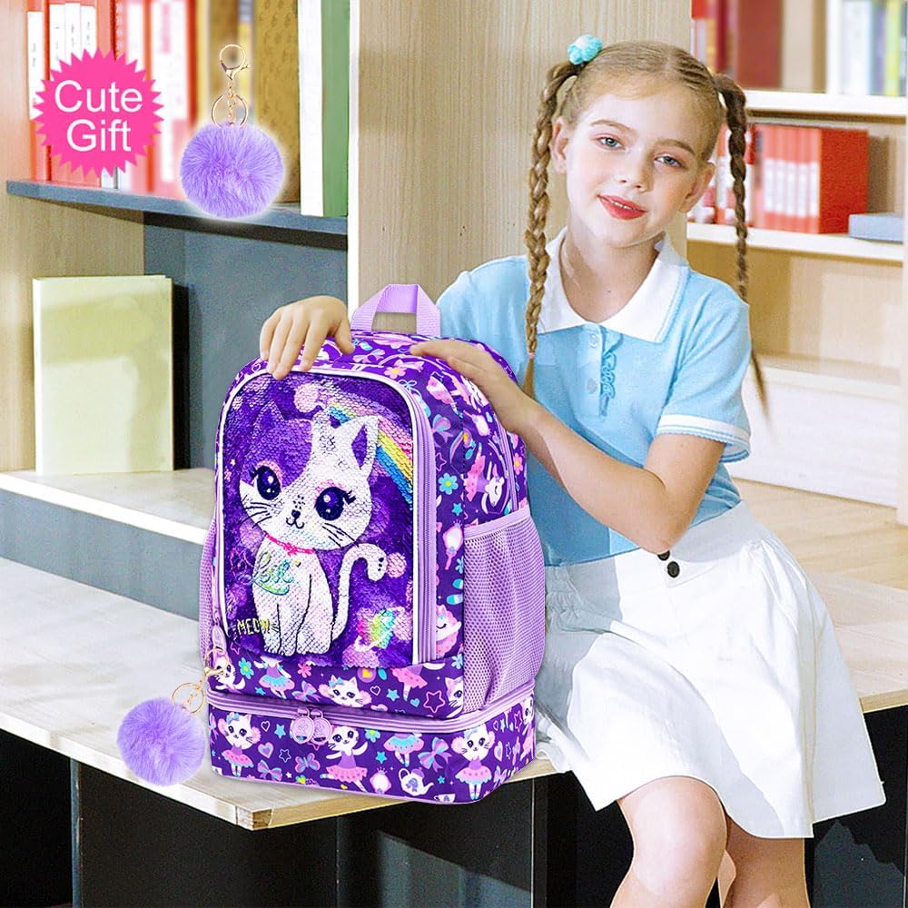 KLFVB 3PCS Cat Uni Dinosaur Backpack for Girls and Boys, 16" Kids Bookbag and Lunch Box, Preschool Backpacks for Elementary