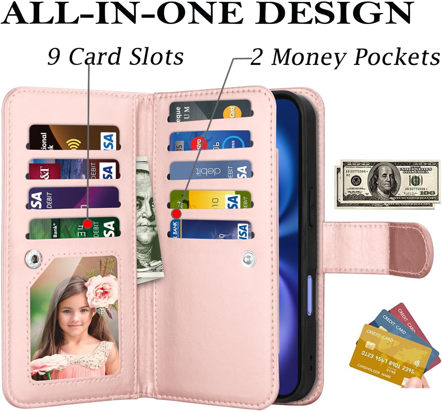 Wallet Case foriPhone 17 6.3", for iPhone 17 Case, PU Leather Credit Card Holder Phone Case [9 Card Slots] Folio Flip Detachable Magnetic Cover Kickstand & Carrying Wrist Strap, Rose Gold image 2