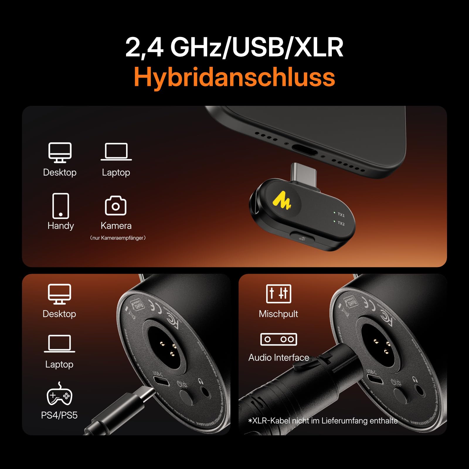 MAONO PD200W Hybrid Wireless Podcast Mikrofon für PC, XLR-USB-Dynamische Mikrofon-Set mit Arm, Software, Geräuschunterdrückung, für Aufnahmen, Streaming, Inhaltserstellung, Heimstudio, Voiceover