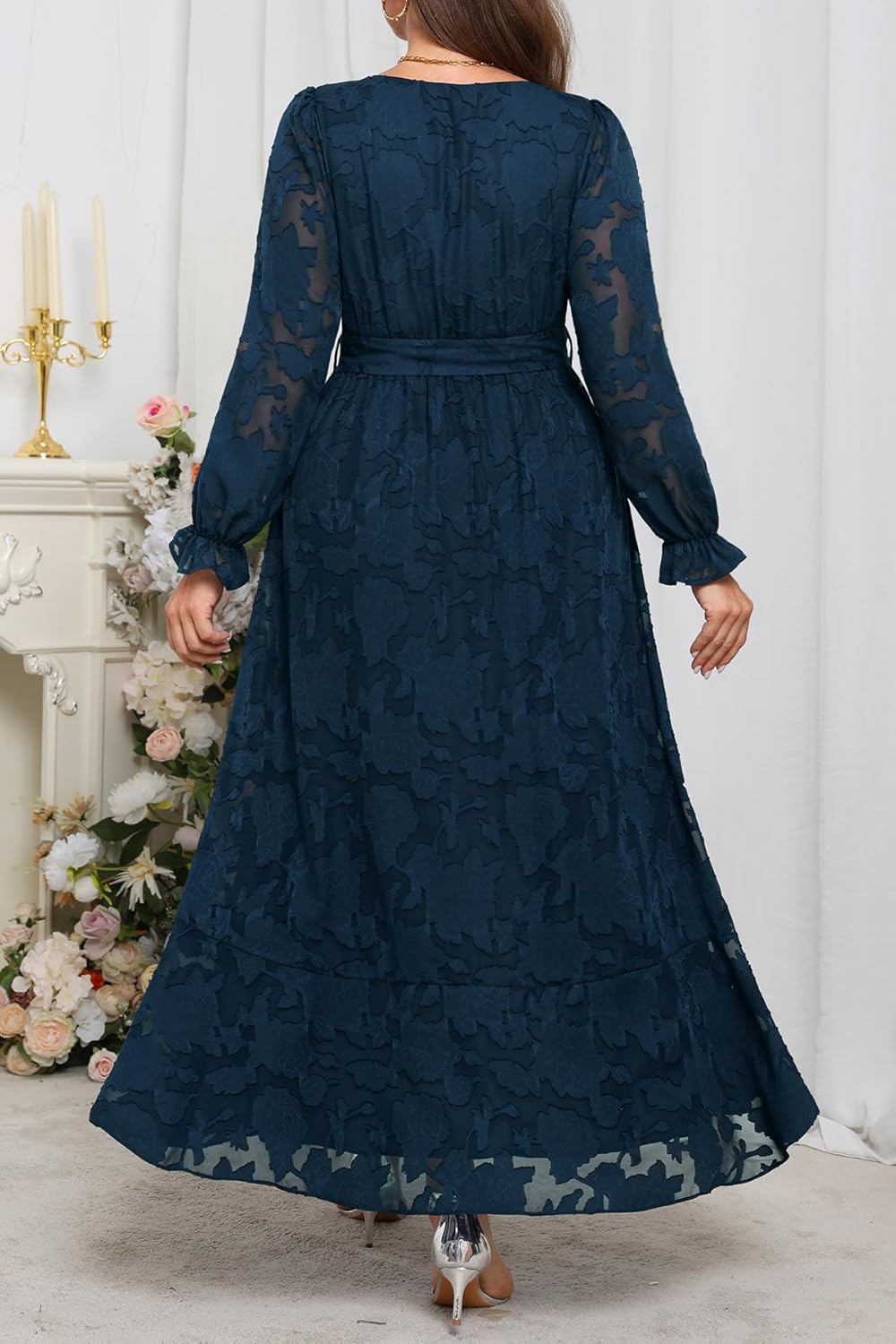 Plus Size Dresses Wedding Guest - Fall Semi Formal Floral Long Sleeve Wrap V Neck High Low Maxi Dress with Belt Women - Image 4