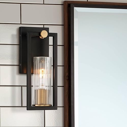 Miniatura 9 de Ramos - Juego de 2 apliques de pared industriales modernos de latón cálido negro con cable de 4 12 pulgadas, pantalla de vidrio acanalado