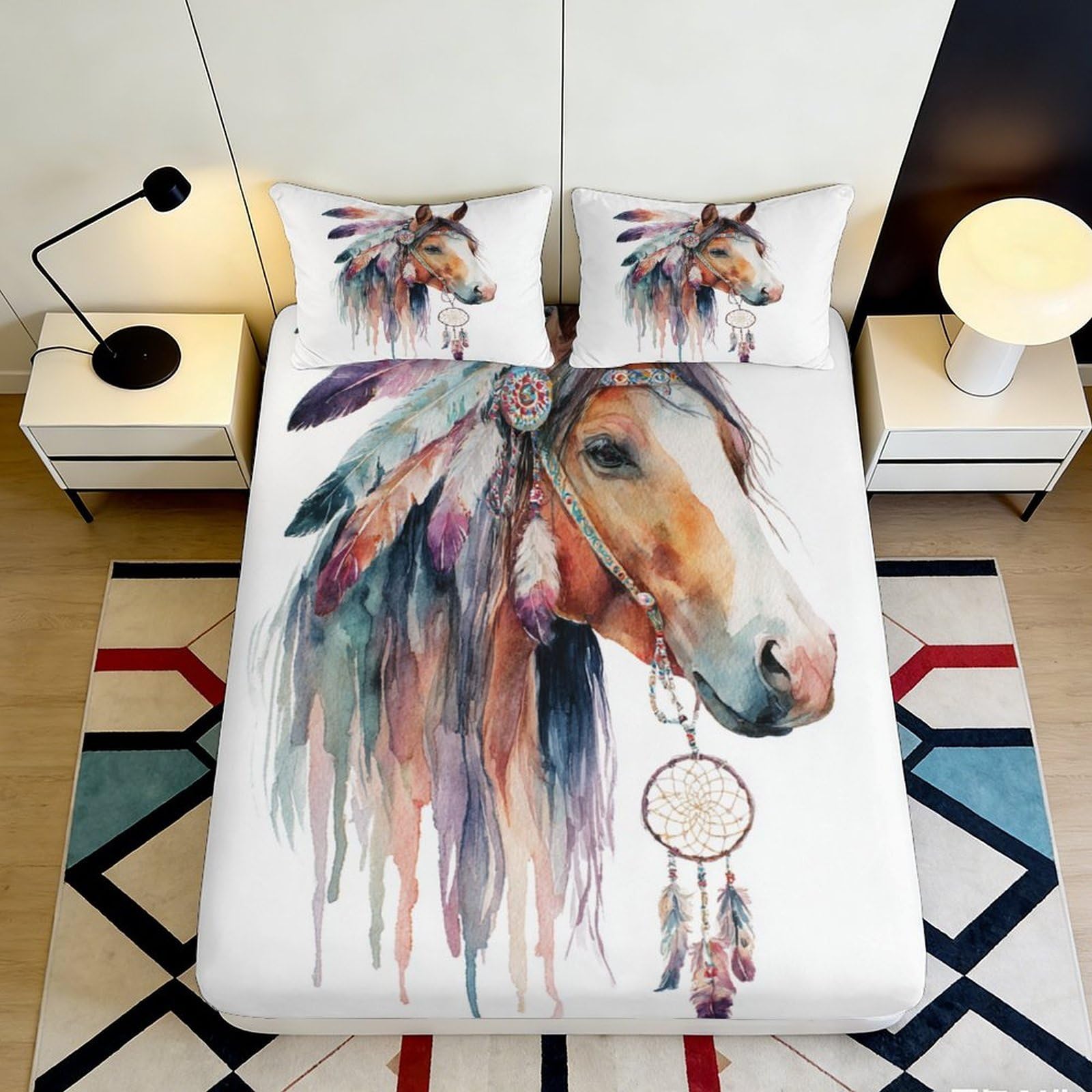 3D Printed Horse Feather Pattern Fitted Sheet Microfiber Soft Durable Native Dreamcatcher Bed Cover for Bedroom Dormitory Guest Room Mattress Protection 160x200x25cm
