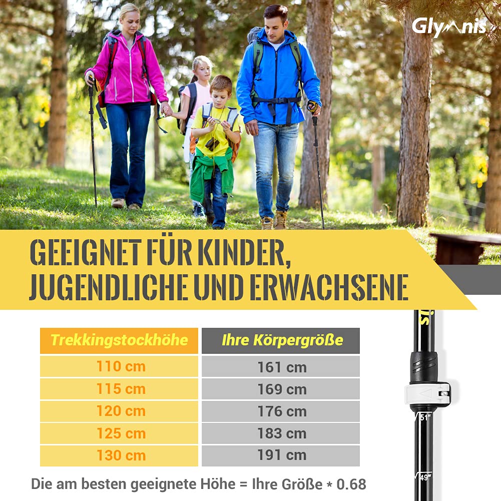 Glymnis Wanderstöcke Trekkingstöcke Walking Stöcke 7075 Aluminium Wanderstock verstellbar 110-130cm und Klemmverschluss mit 4 Paar Gummipuffers für Trekking