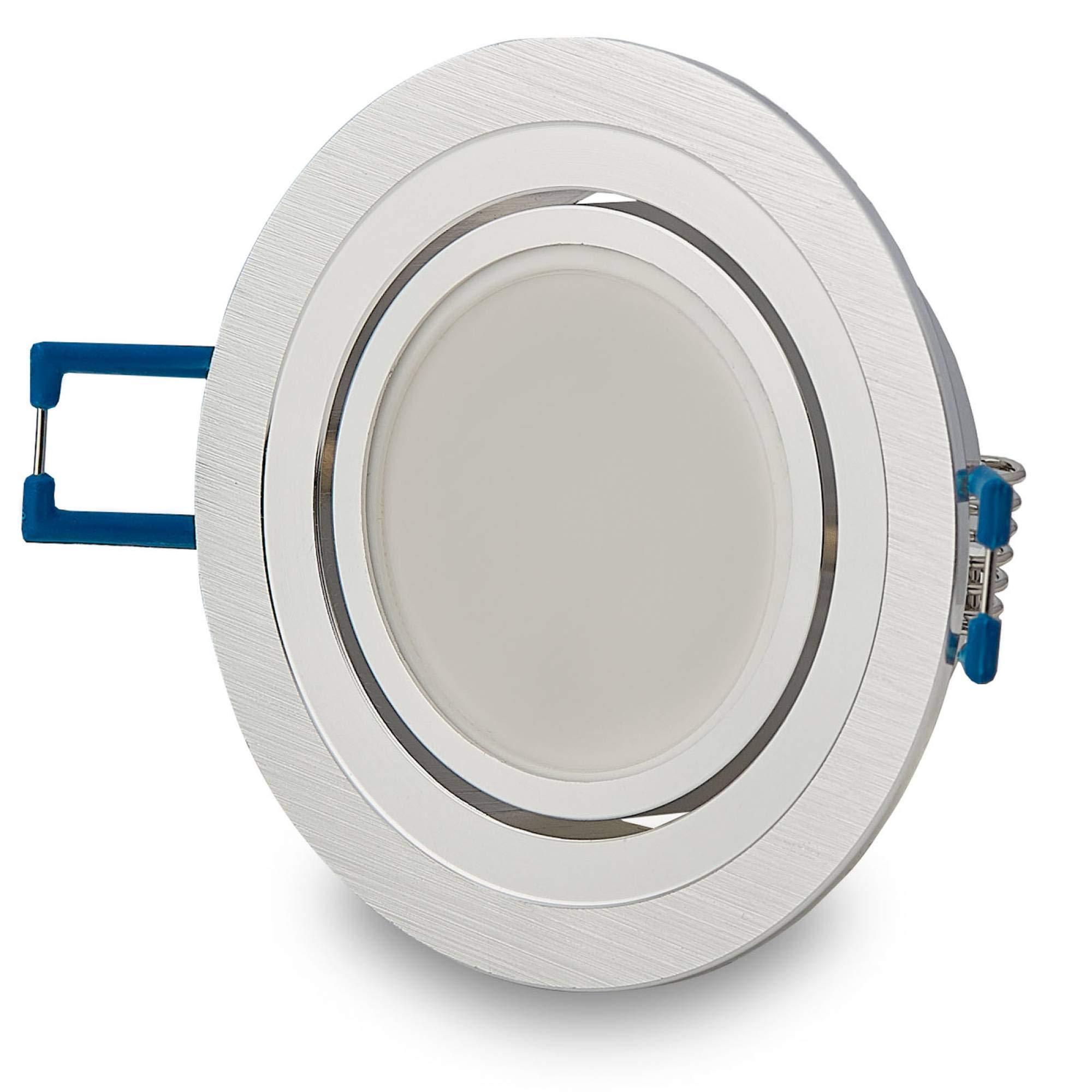 Juego de 6 focos LED empotrables de 5 W, blanco cálido, 230 V, GU10, redondos, de acero inoxidable cepillado, orientables, de aluminio, 70 mm