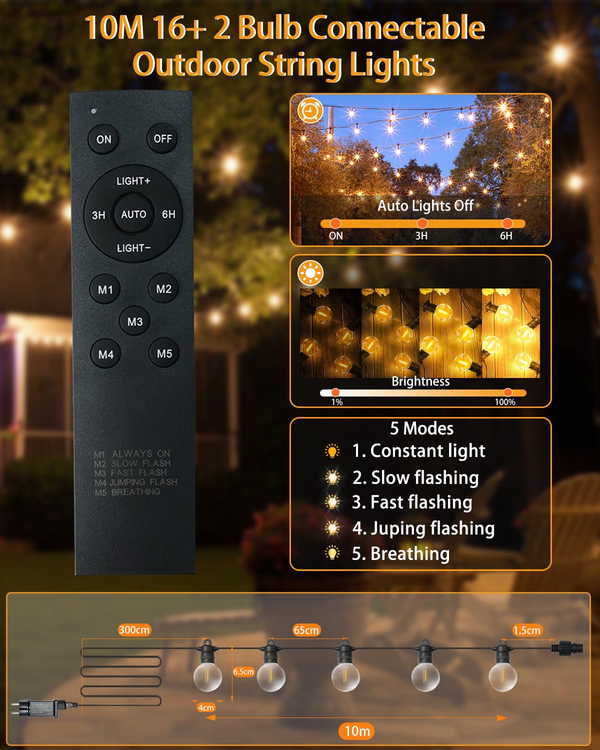 lP68 - Catena luminosa a LED per esterni, G40, in plastica ABS, per esterni, a energia solare, impermeabile, per romantico, giardino, balcone (solare, 15 m, 23 lampadine)