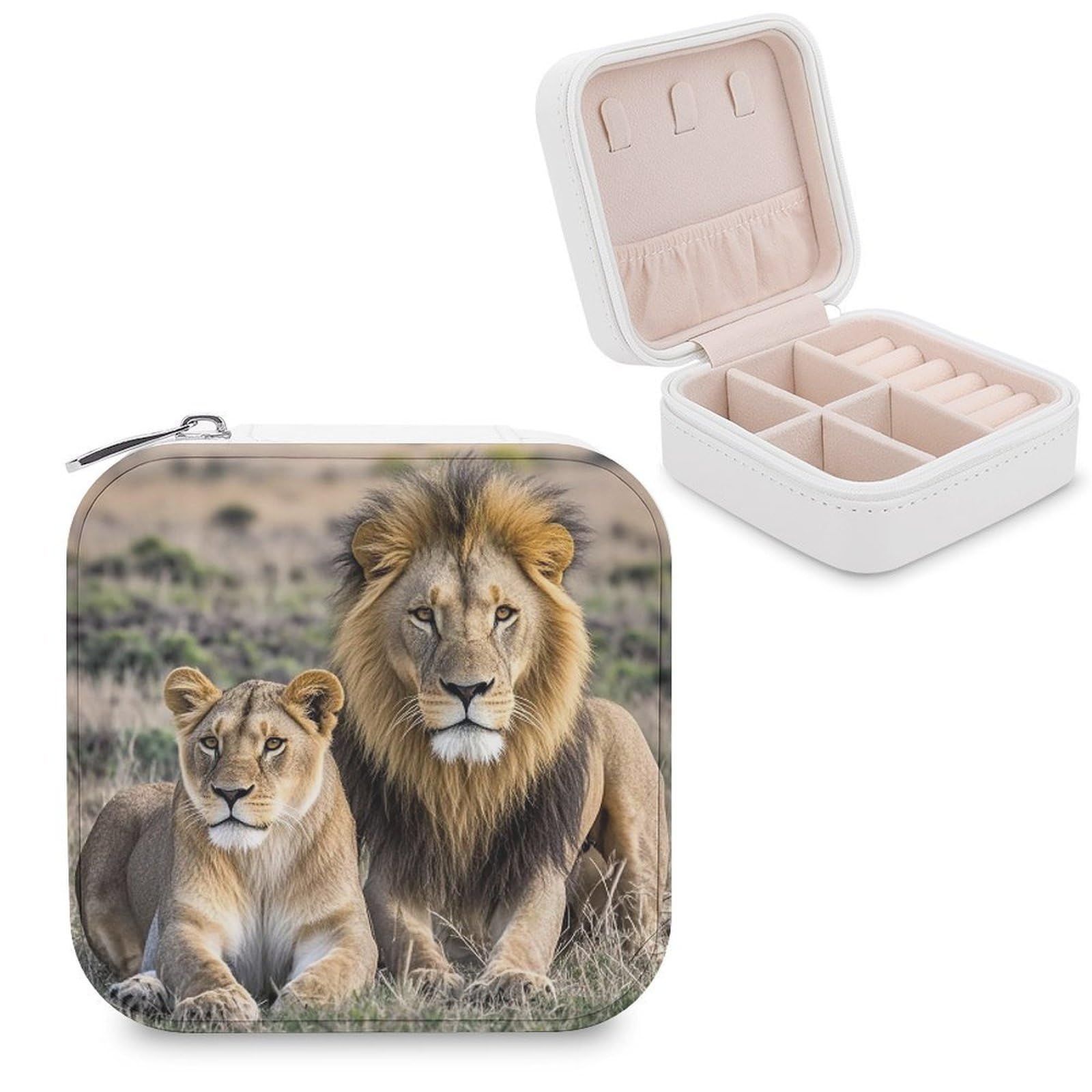 FekiLoot African Lion And Lioness Jewelry Case Leather Jewelry Organizer Travel Jewelry Case Portable Small Jewelry Box Mini Display Storage Box Trinket Organizer for Ring Earring Necklace