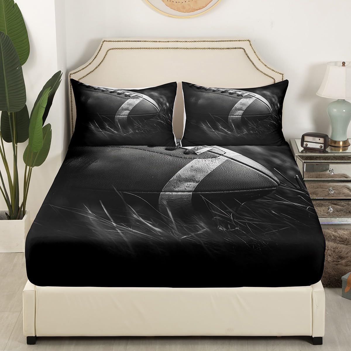 jejeloiu Football Bed Sheets Set Full Size Boys Girls Rugby Sports Fitted Sheet for Kids Game Gift for Football Lover Grey Black Bedding Set Room Decor