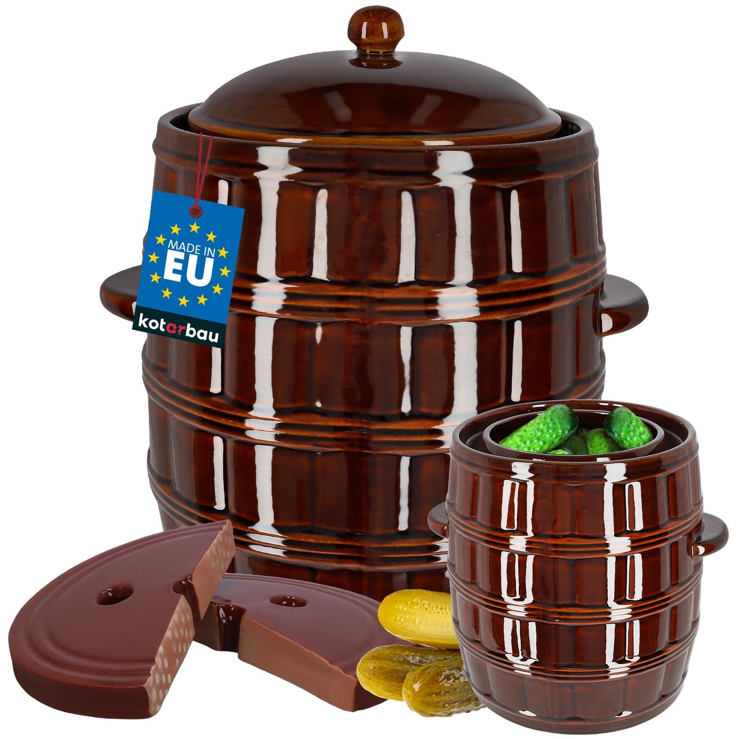 Kotarbau® - Pentola per fermentazione in terracotta ermeticamente chiudibile SizeName da usare per la fermentazione con coperchio + pietra di peso, marrone, 25 L