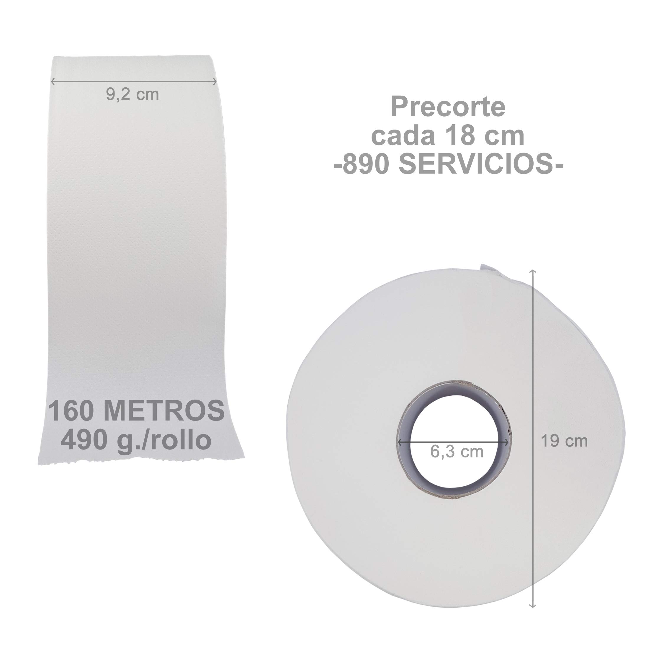 Papel Higiénico Industrial. Rollo de 160 metros y 490 gramos. Doble Capa con precorte Gofrado. Caja 12 unidades.