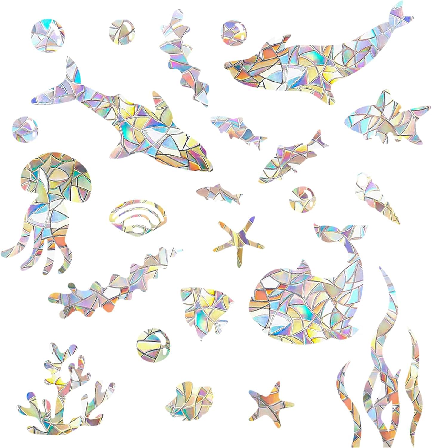 48Pcs Rainbow Summer Window Clings for Glass Window Decals to Prevent Bird Strikes, Ocean Theme Animals Window Stickers for Toddlers, Kids