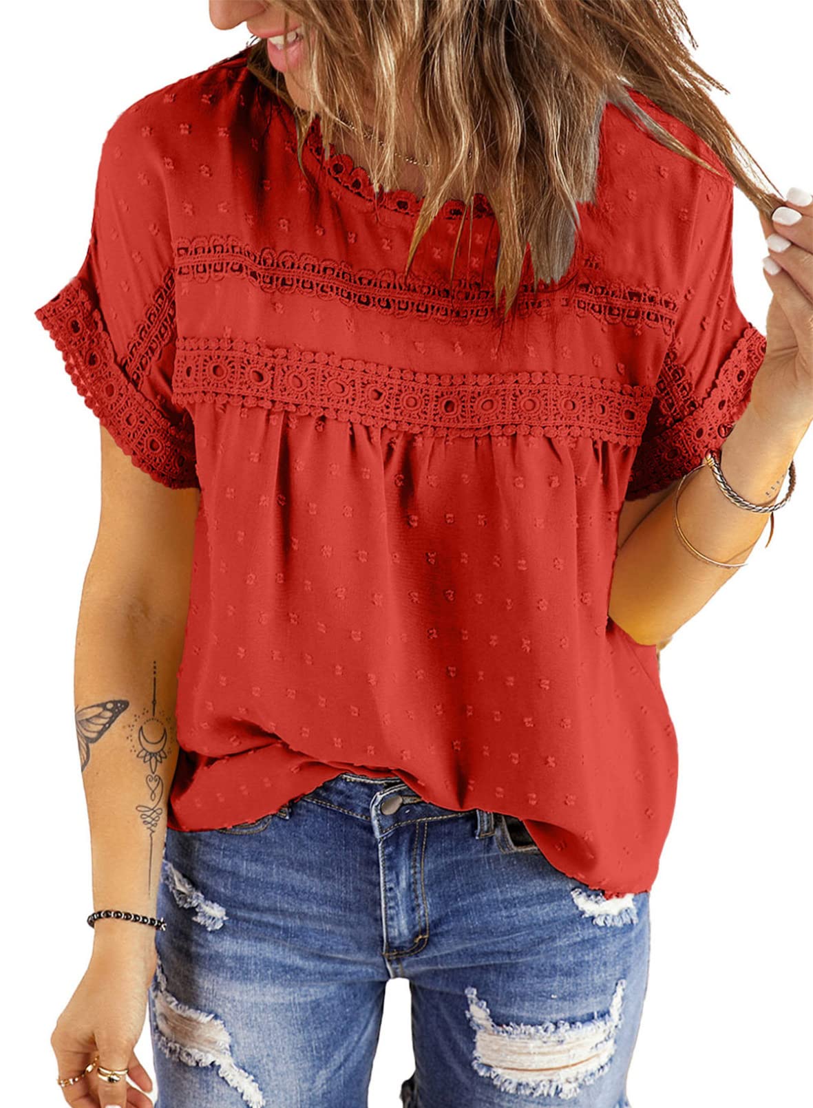 Dokotoo Womens Summer Tops Crewneck Lace Crochet Short Sleeve Shirts Casual Chiffon Blouses