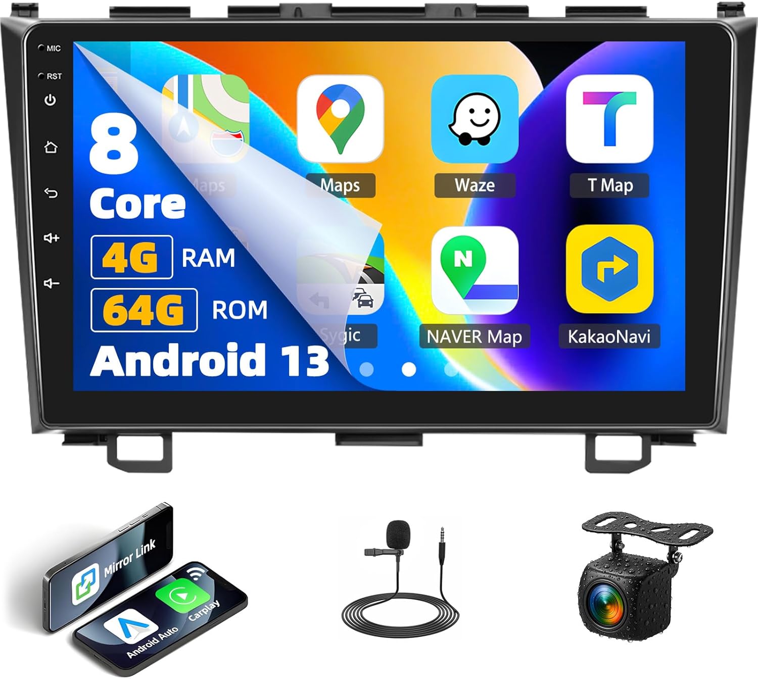 ด้านหน้า view of the Zomolither 8257 Android 13 Car Stereo with its main features highlighted