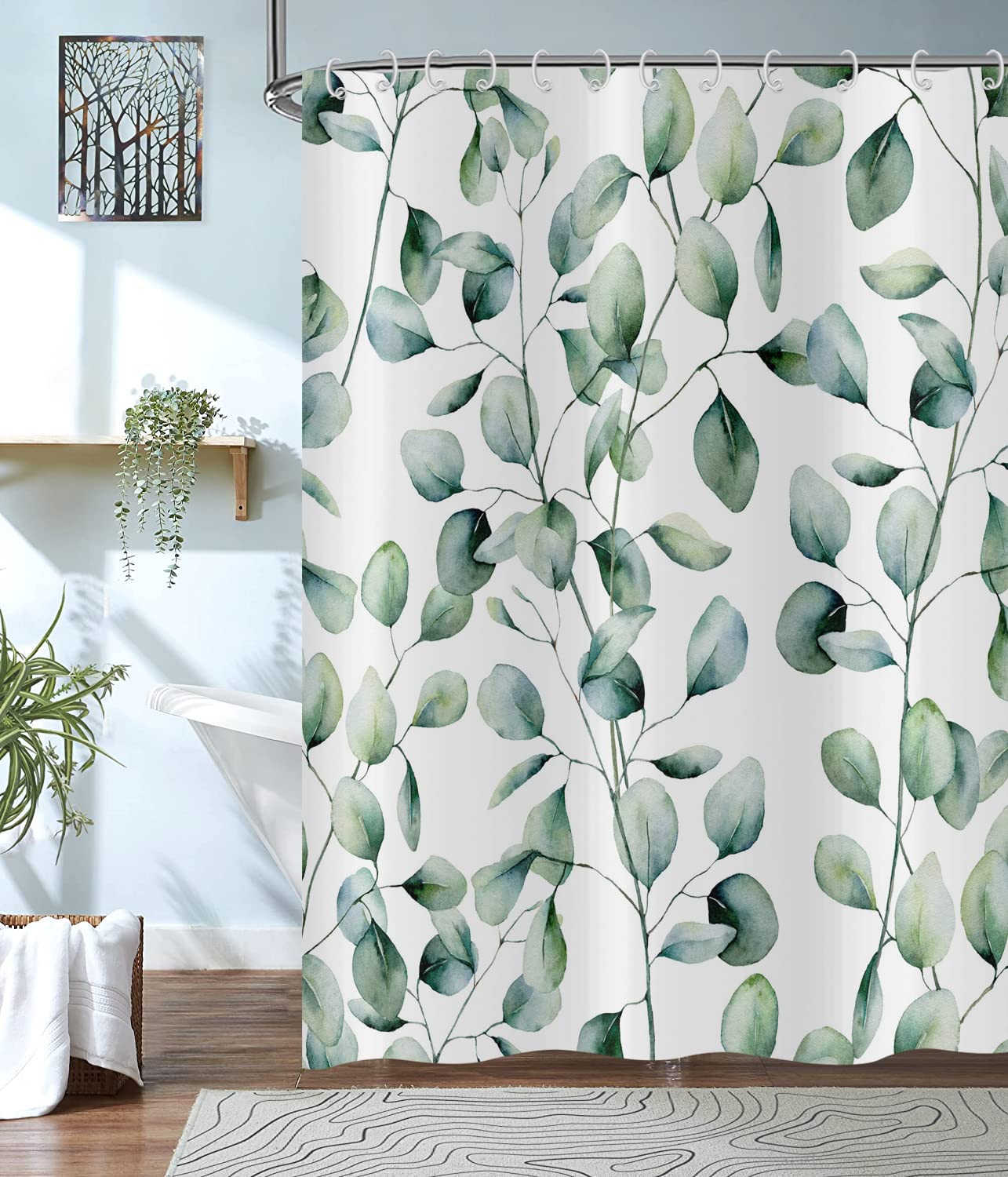 Hnmdmyi Green Leaf Shower Curtain 120x180, Sage Green Eucalyptus Leaves Shower Curtains Watercolor Plant Botanical Bathroom Curtains Waterproof Polyester Fabric Washable Bath Curtains with Hooks — image 1