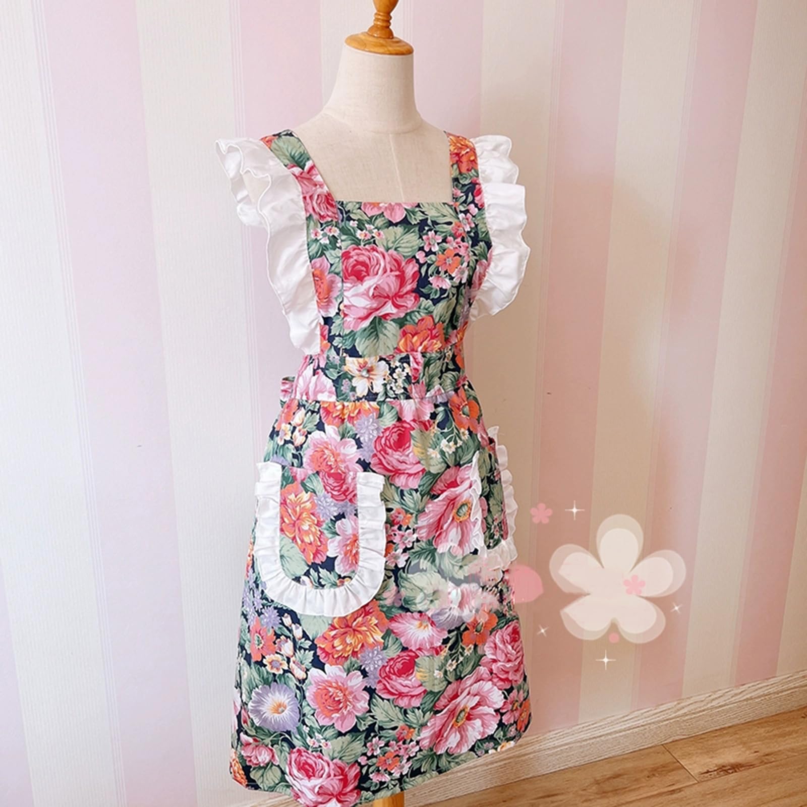 Grembiule da Donna in Cotone con Stampa Floreale Grembiule con Tasche per Cucina, Giardino, Lavori Domestici, Negozio di FioriPink,One Size