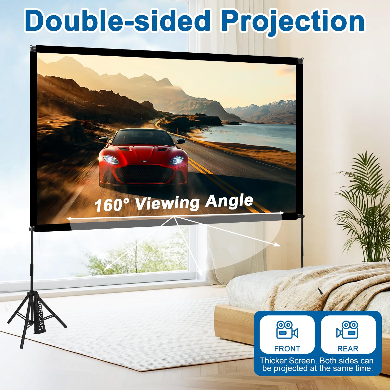 Projectiescherm en standaard, Towond 100 inch Draagbaar Outdoor 16:9 4K HD Achter Front Filmscherm met draagtas voor Home Theater en Achtertuin Cinema Nachten
