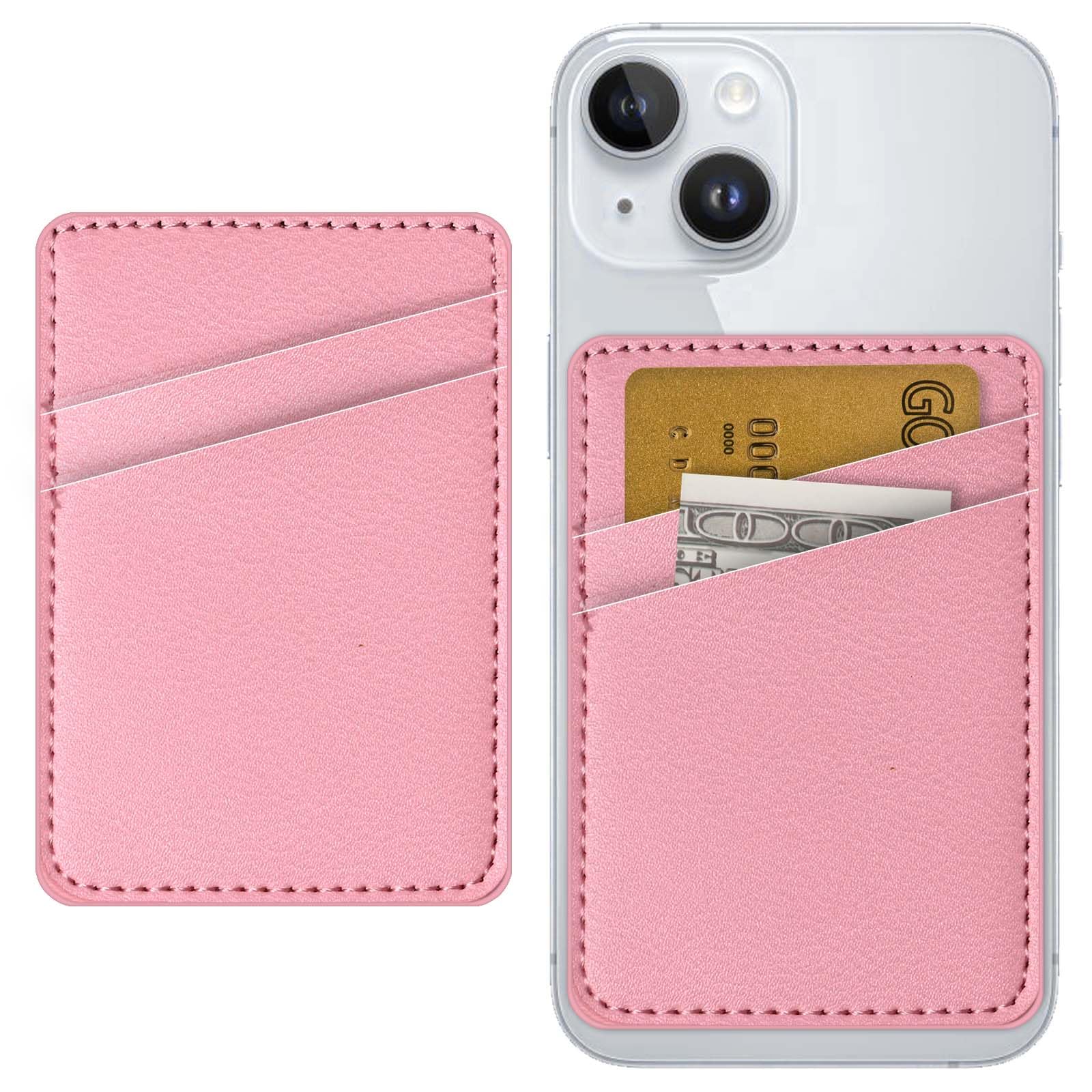 TIHYWR Pink Leather Phone Card Holder Wallet, Stick-Back, 2-Card Slot, Moisture-Resistant Adhesive, Women's Fashion-Conscious Style-Aware Phone Wallet