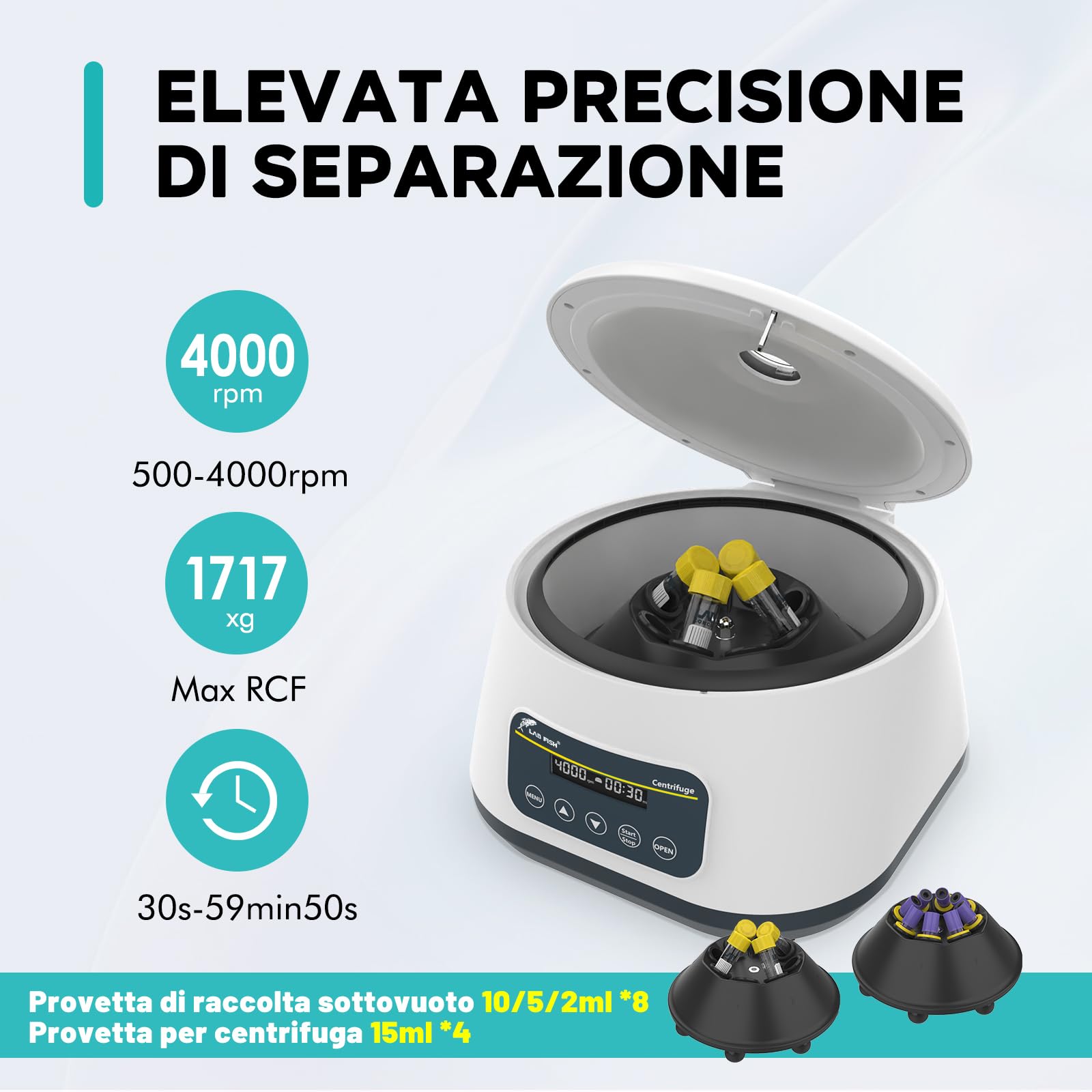 LAB FISH LC-400 Centrifuga da Laboratorio Bassa Velocità per PRP/PRF, 4000 RPM, 1717 xg, Timer 30s-59min, per 4x15ml o 8x2/5/10ml Tubi