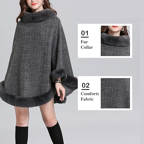 Miniatura 7 de Gihuo Poncho a cuadros para mujer, abrigo cálido de invierno con ribete de piel sintética, elegante capa de chal, chales