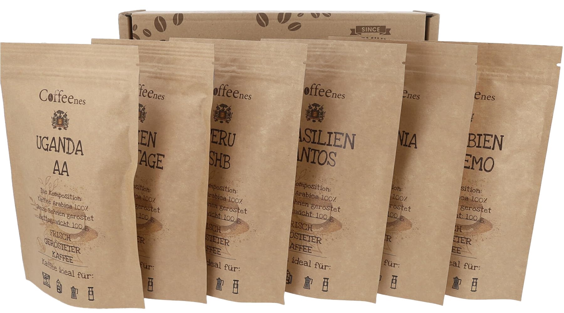 Kaffee Geschenk - Kaffeebohnen Geschenkset 6x100g Probierset Arabica für Vollautomaten | Single-Origin aus 6 Ländern, Ganze Bohnen | Geschenkidee für Kaffeeliebhaber, Männer & Frauen | Coffeenes